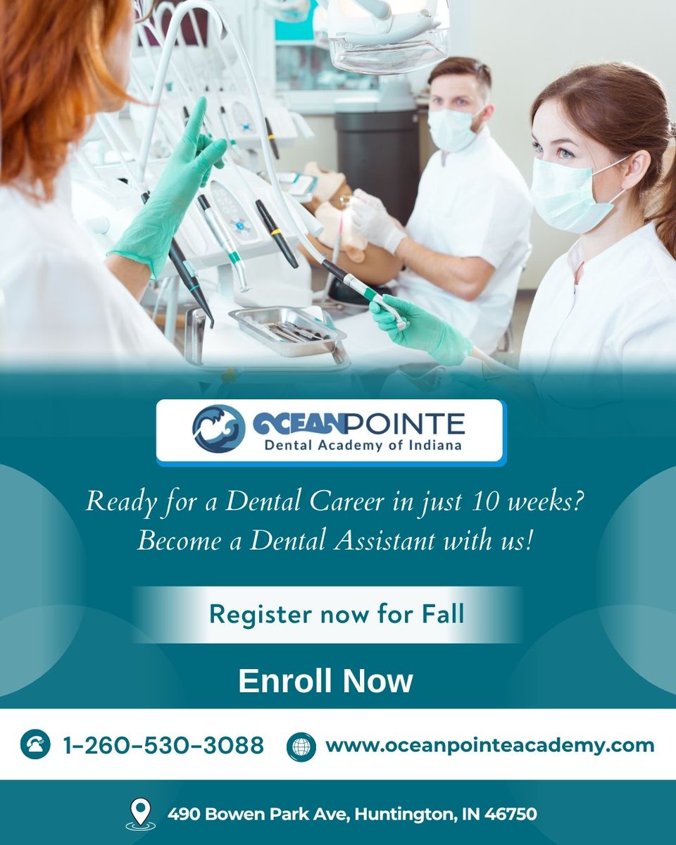Oceanpointe45's tweet image. Jumpstart Your Dental Career in Just 10 Weeks!
Dreaming of a career in dental healthcare? OceanPointe Dental Academy of Indiana is here to make it happen — quickly, affordably, and professionally!
🌐 oceanpointeacademy.com
📞 Call: 1-260-530-3088

#DentalAssistantProgram