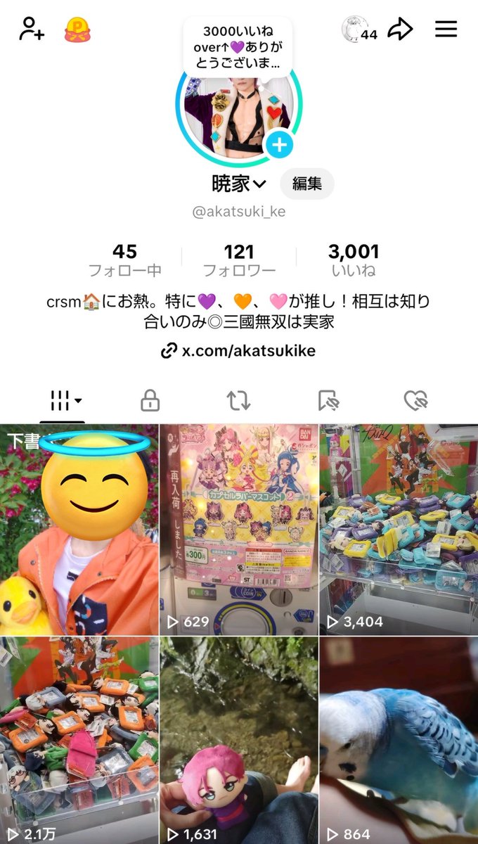 TikTokのいいね数3000↑いきました💜みにコレの獲得動画も2万再生ありがとうございます