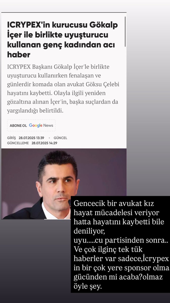 Gencecik bir avukat kız hayat mücadelesi veriyor hatta hayatını kaybetti bile deniliyor,
uyu.....cu partisinden sonra..
Ve çok ilginç tek tük haberler var sadece,İcrypex in bir çok yere sponsor olma gücünden mi acaba?olmaz öyle şey.