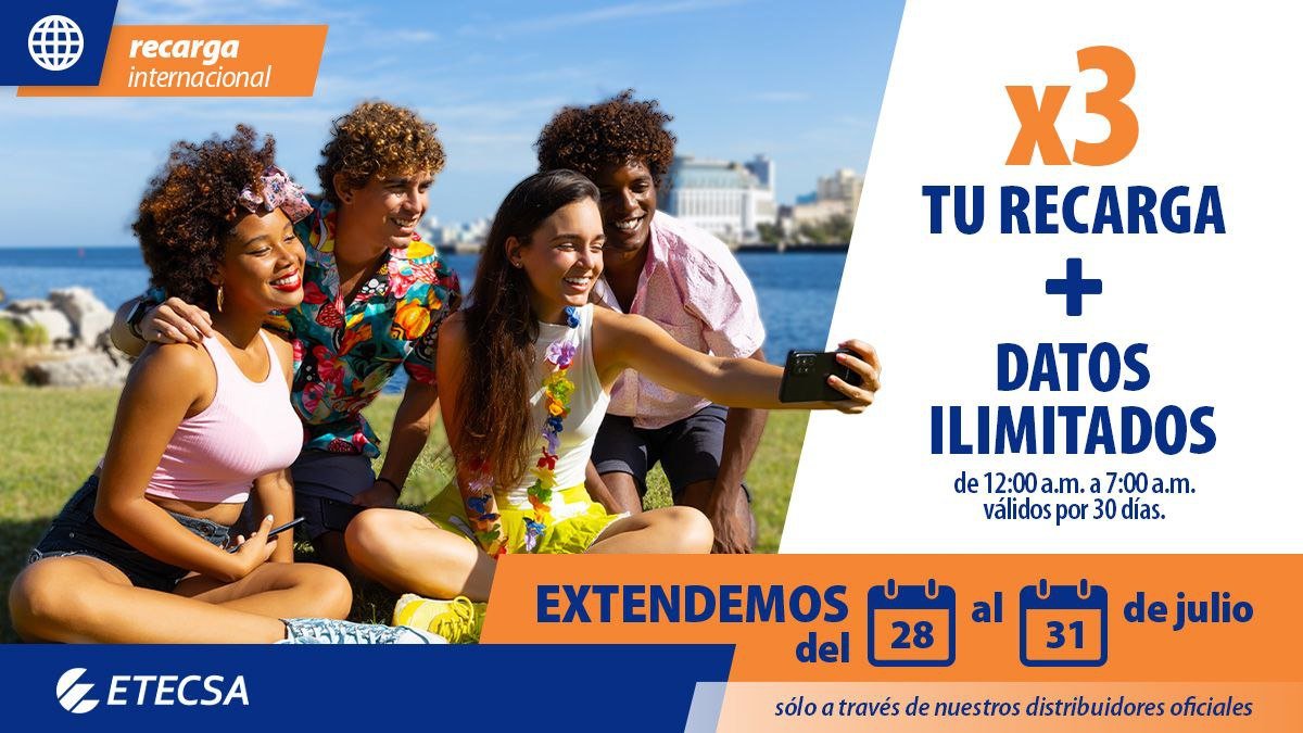 Aún estás a tiempo, se extiende hasta el 31 de Julio la promo internacional
¡TRIPLICA TU RECARGA + DATOS ILIMITADOS!
#RecargaInternacional 
#EtecsaConCuba