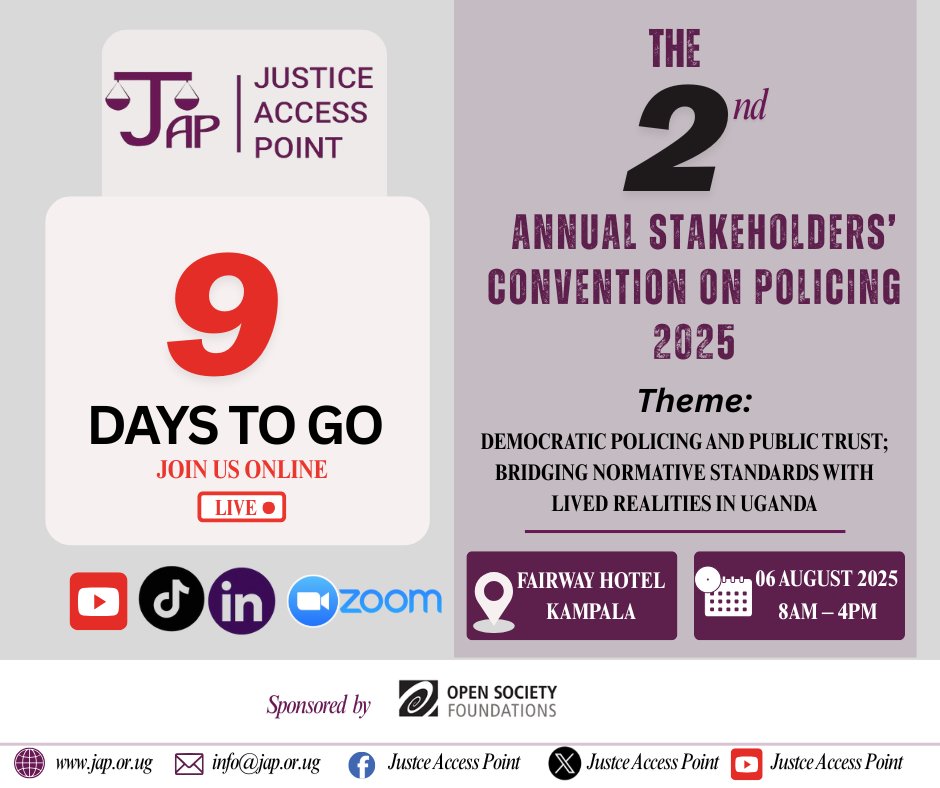 JusticessP's tweet image. @JusticessP is pleased to announce the 2nd stakeholders' Annual Convention on policing, taking place @fairwayhoteluganda. The event brings together stakeholders to discuss the Democratic policing and Public trust.
#2ndAnnualConventiononPolicing2025