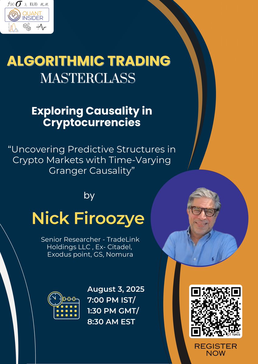 QuantINsider_IQ's tweet image. Can one crypto predict another? Can causality boost your alt-coin forecasts?

Join us for a hands-on free workshop with Dr. Nick Firoozye, where he decodes causal relationships in crypto markets and builds robust forecasting models.

&quot;Uncovering Predictive Structures in Crypto…
