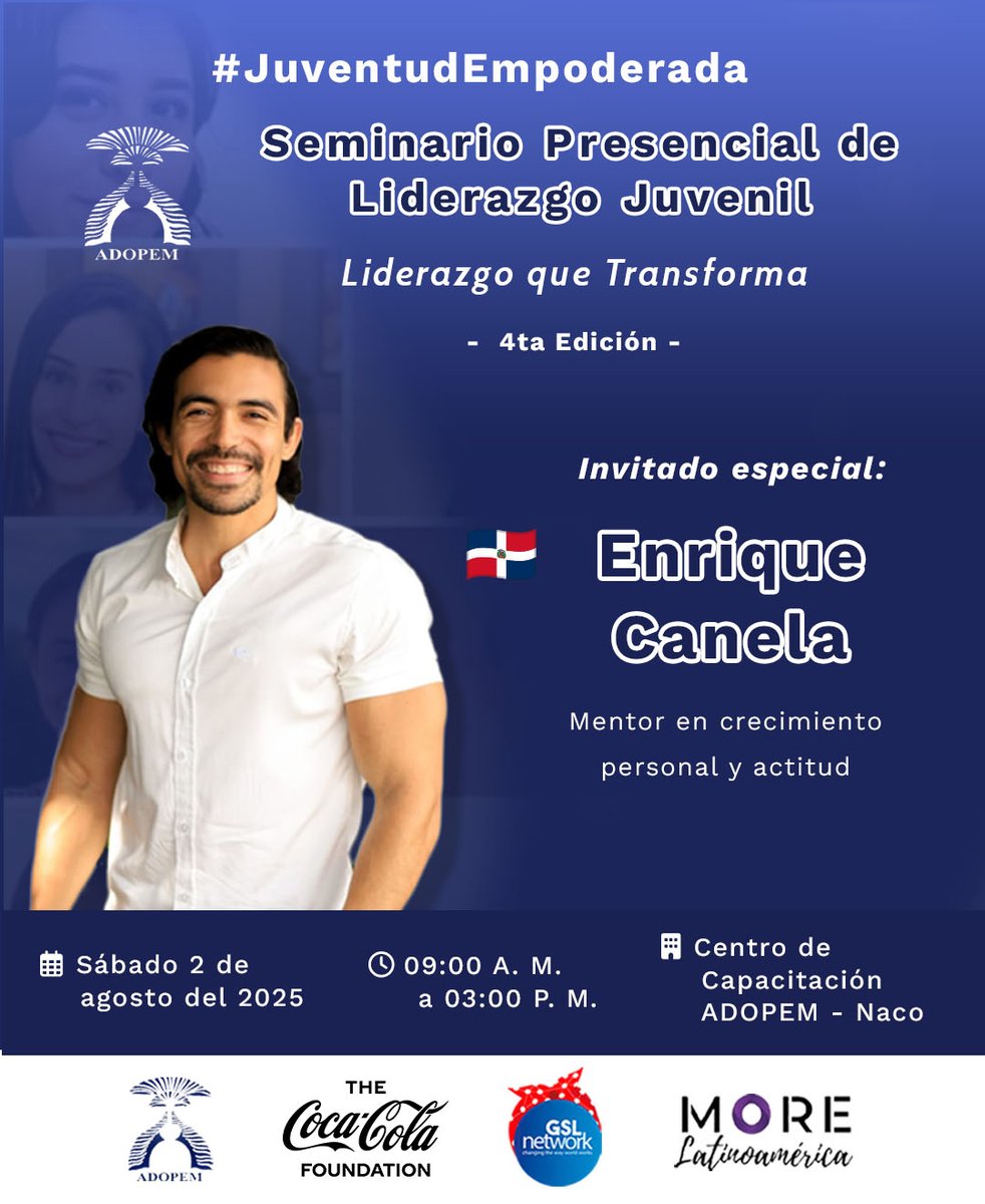 AdopemASFL's tweet photo. ¡Prepárate para una experiencia transformadora! Dirigido a mujeres de 18 a 30 años. El mentor Enrique Canela  (@enriquecanela) compartirá contigo claves para fortalecer tu crecimiento personal y actitud, ayudándote a convertirte en una líder con propósito. https://t.co/fCq0sWqSgF