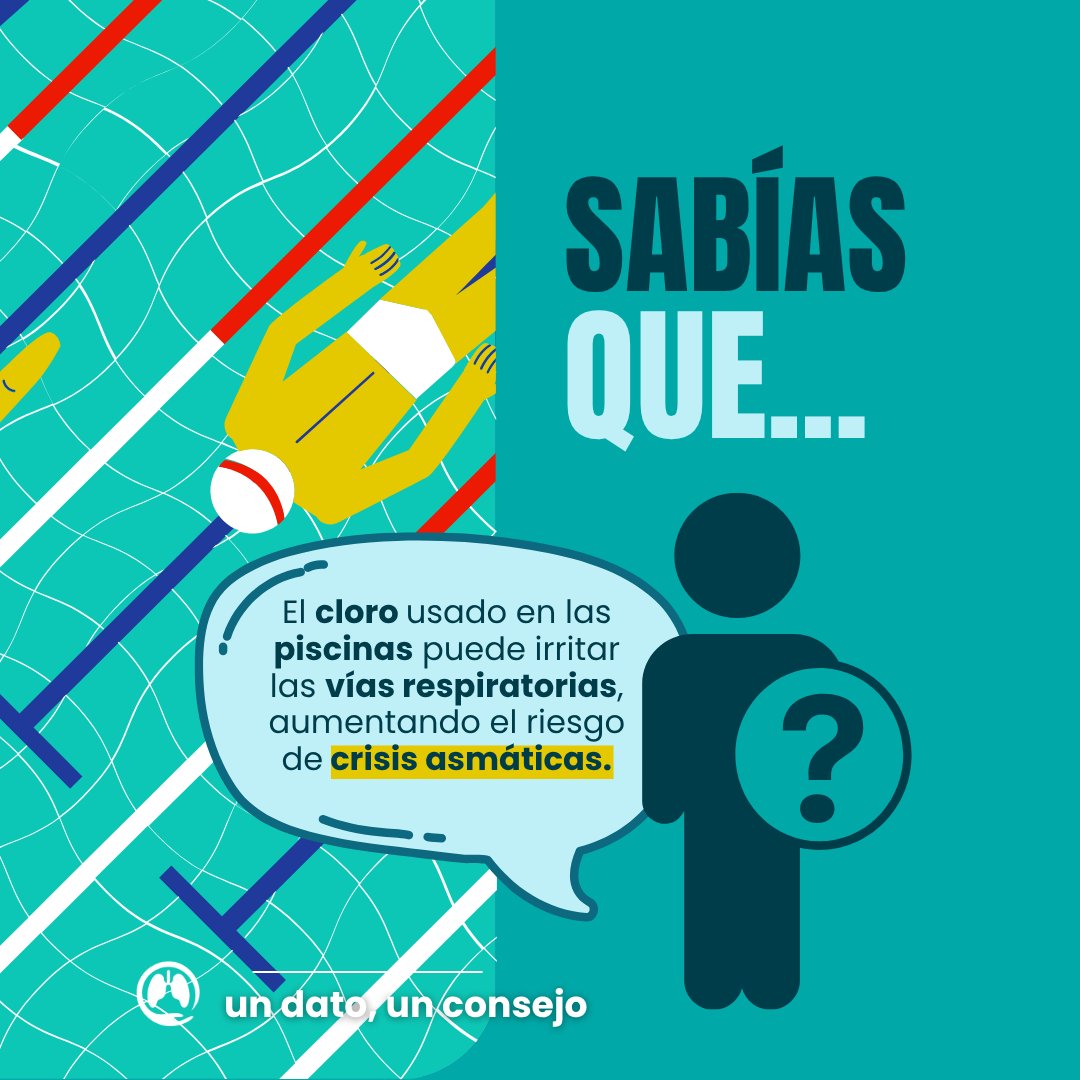 #UndatoparaunConsejo | Recuerda que el cloro puede irritar las vías respiratorias, especialmente en personas con #asma. Opta por piscinas bien ventiladas y enjuágate después de nadar. Consulta al médico si notas síntomas.