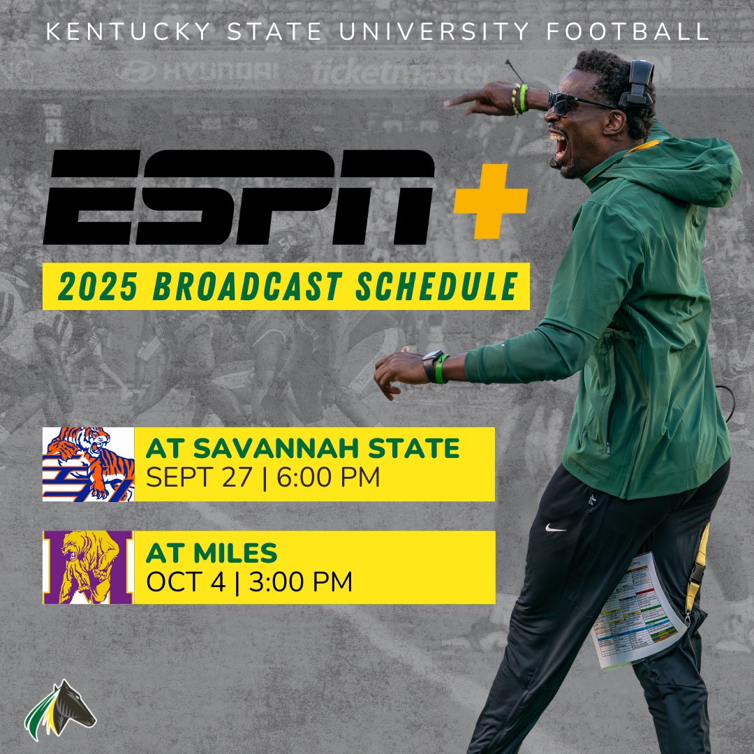 📺 Thorobreds on the Big Stage!

Kentucky State Football will be featured live on ESPN+ twice this season, starting with the Sept. 27 matchup at Savannah State, followed by the Oct. 4 showdown at Miles.

Tune in and ride with the Thorobreds. 

#KSUFB