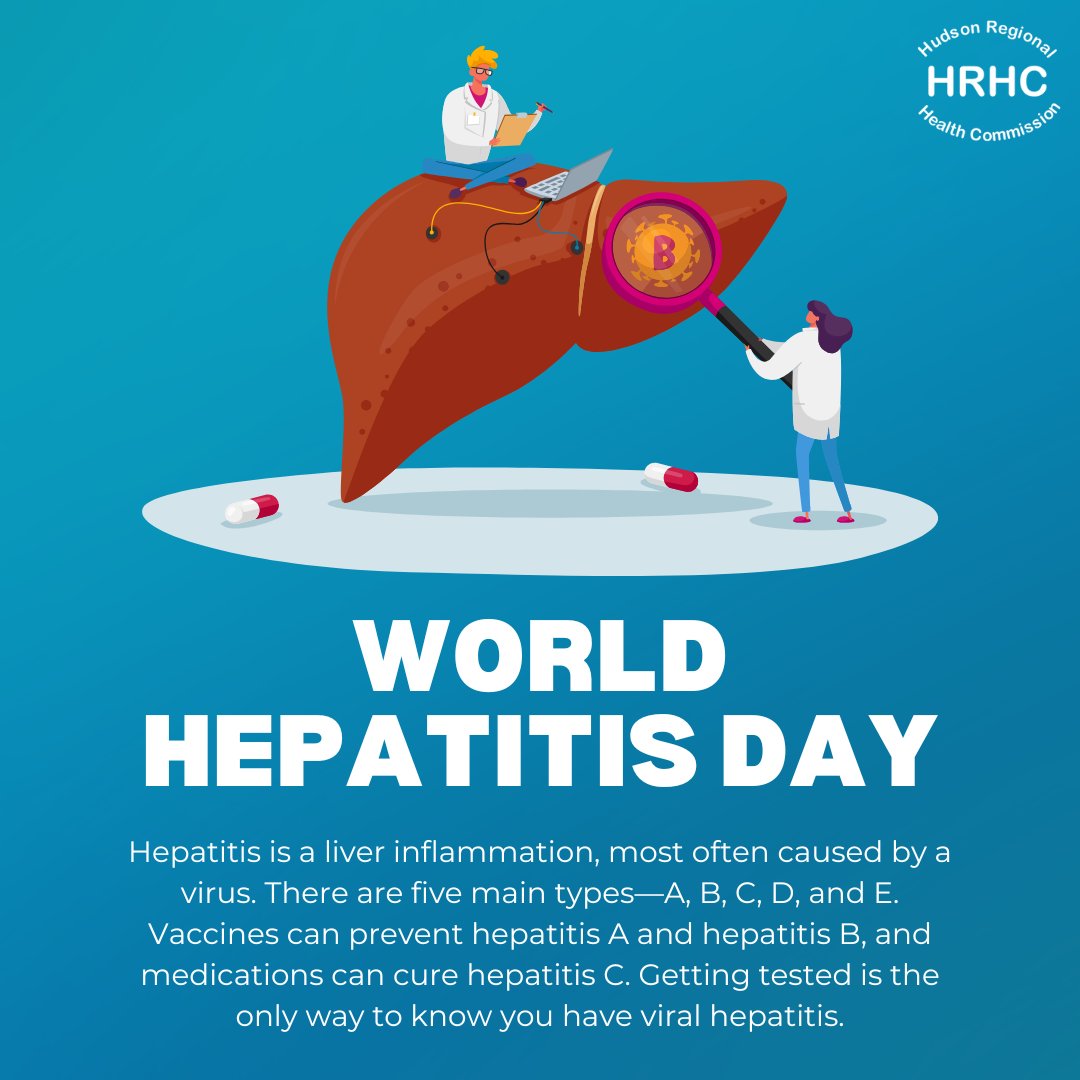 Hudson Regional Health Commission (@hudsonreghealth) on Twitter photo Know the risks, get tested, and protect yourself and others. #WorldHepatitisDay
Learn more: cdc.gov/hepatitis Know the risks, get tested, and protect yourself and others. #WorldHepatitisDay
Learn more: cdc.gov/hepatitis