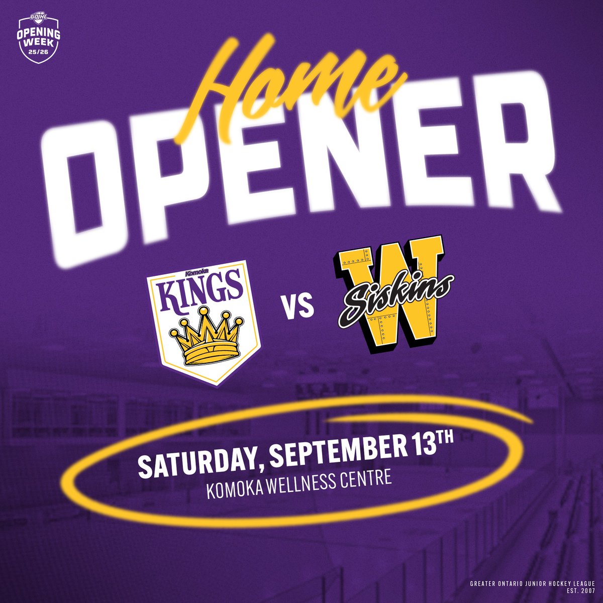SEPTEMBER 13, 2025 - SAVE THE DATE! 🗓️

Our 2025 Home Opener has been set! We kick off our season against the <a href="/Siskinshockey/">Waterloo Siskins</a> on Saturday, September 13th at 7:15pm! 

We hope you’ll join us there! #OurKingdom👑 

<a href="/MiddlesexCentre/">Middlesex Centre</a> <a href="/GOJHL/">GOJHL</a> #komoka #middlesexcentre #jrhockey