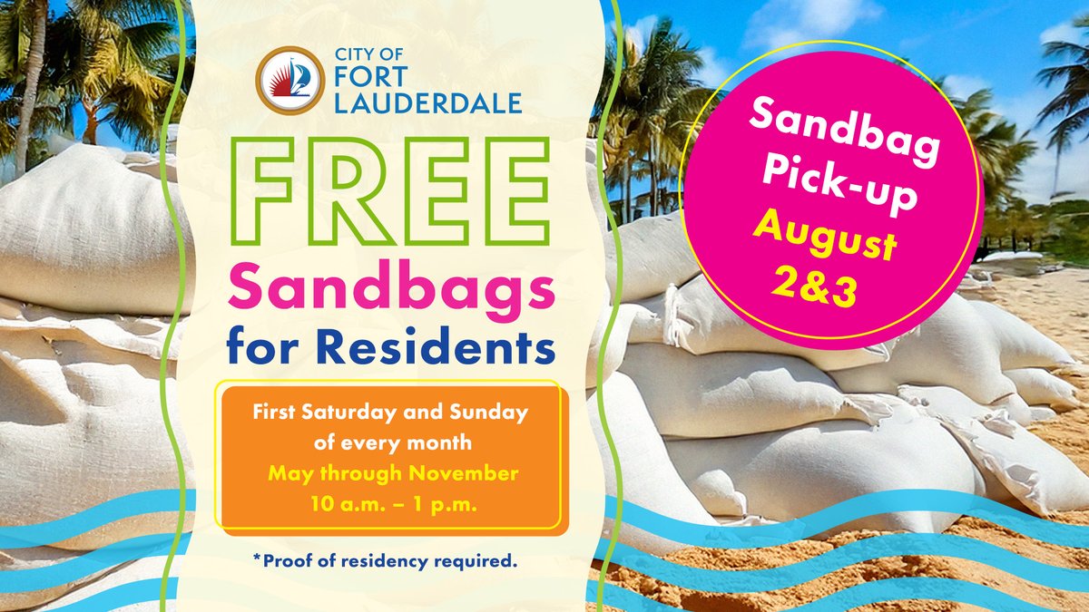 FTLCityNews's tweet image. Sandbags available for residents on the 1st FULL weekend of the month (🗓️  Aug 2-3], 10 AM - 1 PM):
📍 George English Park
📍 Holiday Park
📍 Mills Pond Park
📍 Floyd Hull / Morton Center
🆕📍 Riverland Park

🆔 Proof of residency required
🔗 ftlcity.info/44awa3z