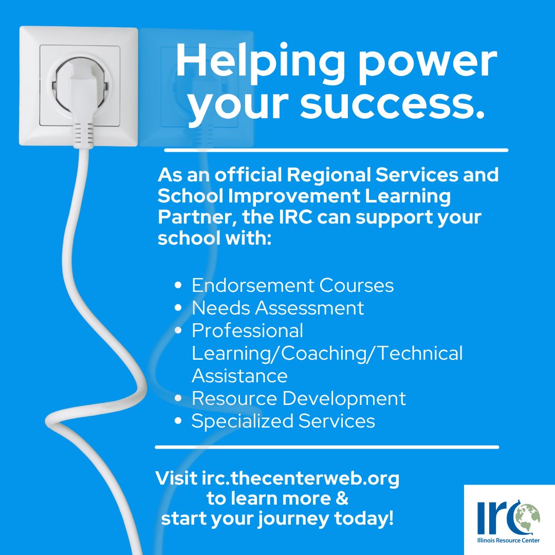 IL_Resource_Ctr's tweet image. As an official Regional Services and School Improvement Learning Partner, the IRC can support your school with:
Endorsement Courses
Needs Assessment
Professional Learning/Coaching/Technical Assistance
Resource Development
Specialized Services