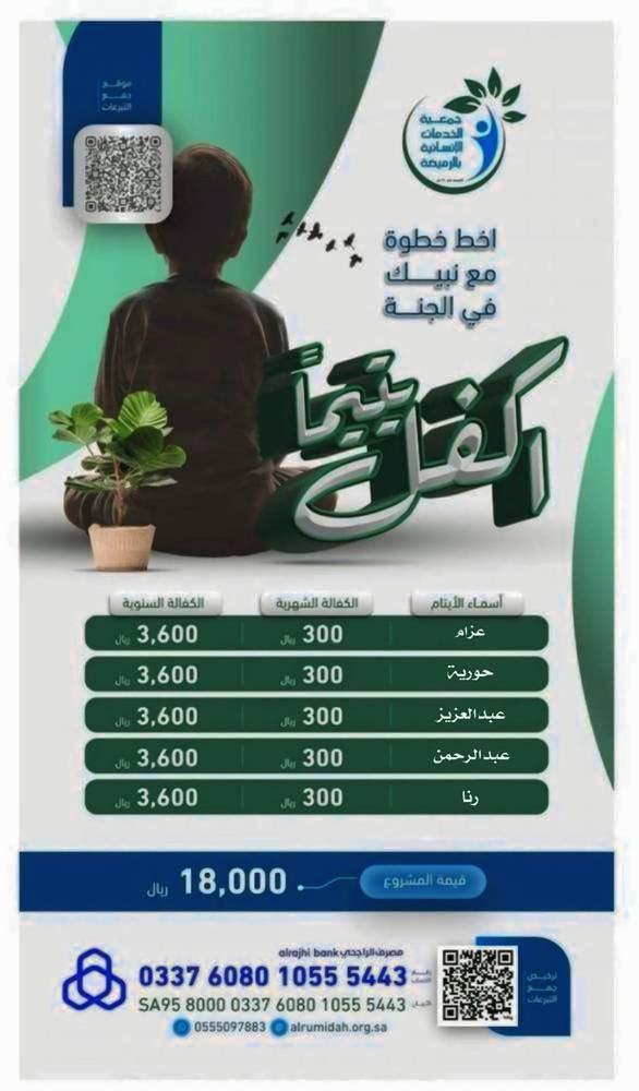 ALMISNID's tweet image. اليتيم &quot;عزام&quot; ينظر للحياة بعينٍ حزينة..
كبر قبل أوانه، وفقد السند وهو لا يزال في عمر البراءة.
اكفل وكن سبباً في أمانه،واحتواءه،ومستقبله.
قال ﷺ:{ أنا وكافل اليتيم في الجنة كهاتين }
🔹الكفالة الشهرية: 300 ريال
🔹الكفالة السنوية:3600ريال
للتبرع:
is.gd/mnhQGW
ترخيص:1338
