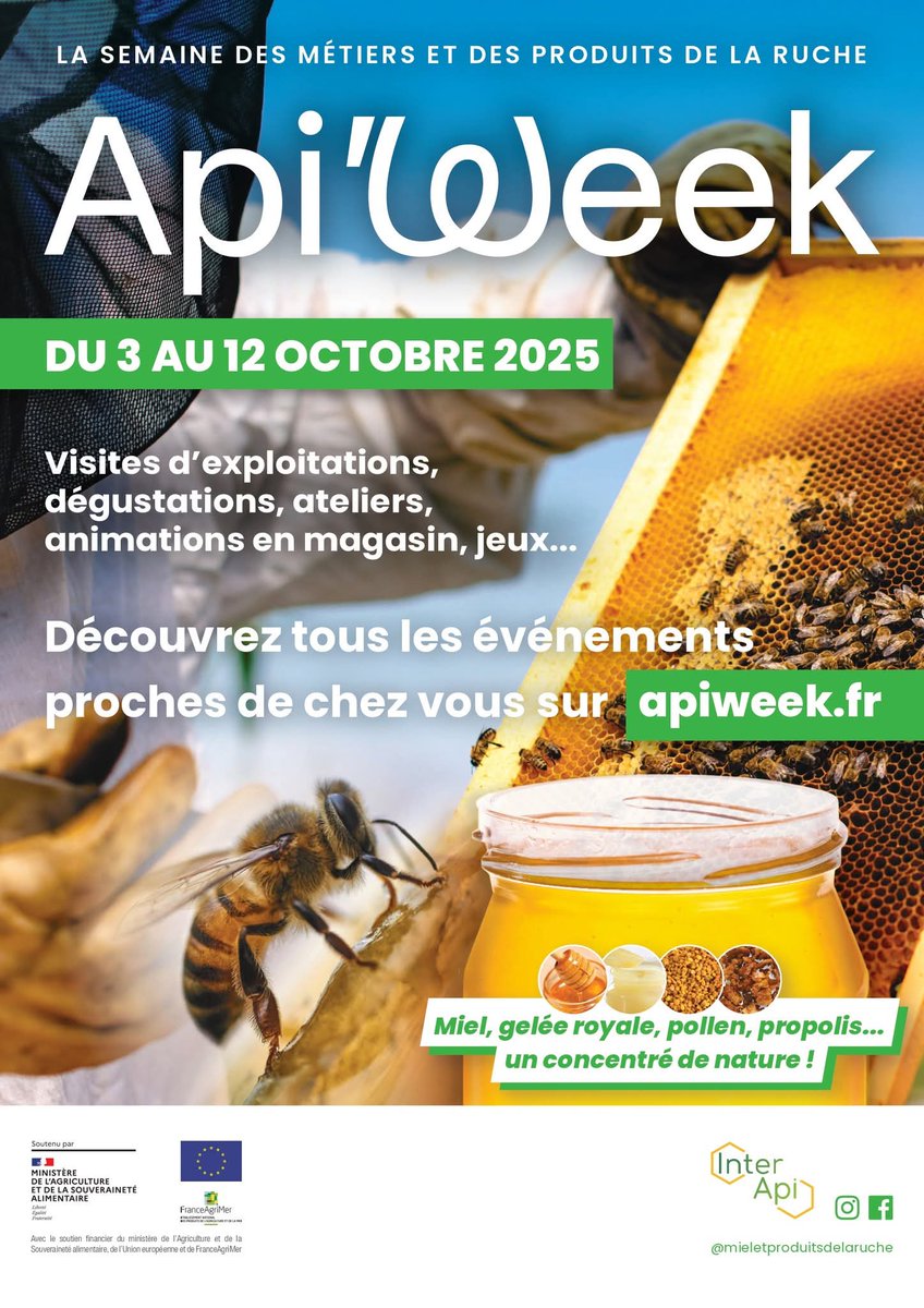 FDSEA87's tweet image. [𝗜𝗻𝘀𝗰𝗿𝗶𝗽𝘁𝗶𝗼𝗻 #apiweek]
Du 3 au 12 octobre 2025, partt en 🇫🇷  👉 5e édition de l’#ApiWeek, semaine dédiée à la valorisat° des métiers &amp;amp; produits de la ruche 🍯🐝.
Inscrivez votre événement avant le 8 septembre ‼️
Info et inscription 👉 apiweek.fr
#interapi