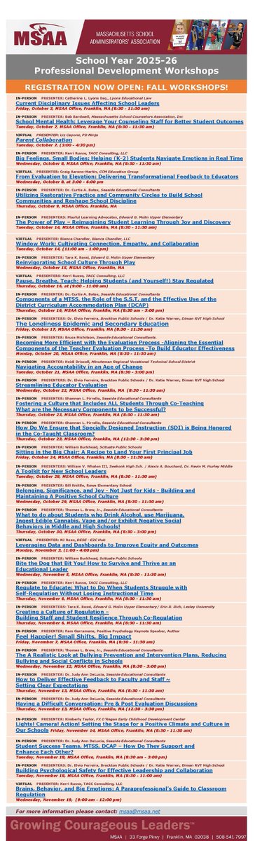 MSAA_33's tweet image. Exciting news! 🎉 MSAA's PD Workshops! DESE-approved, we offer immediate, actionable strategies for your career growth. Register Now! tinyurl.com/544nvr6t @MASchoolsK12 @BostonSchools @DrCSJones @officialsSPS @Worcesterpublic @MGeoghegan22 @PrincipalJQuinn @SDubzinski