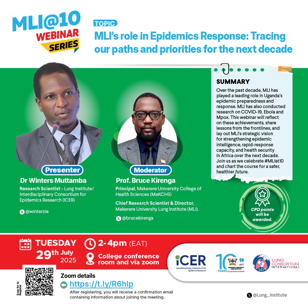Interdisciplinary Consortium 4 Epidemics Research (@icer_global) on Twitter photo Proud to be shaping the epidemics research narrative. Join the #MLIat10 webinar tomorrow at 2PM EAT as <a href="/winterzie/">Winters Muttamba Themba 🇺🇬🇷🇼</a> & <a href="/brucekirenga/">Bruce Kirenga</a> share insights/future priorities. <a href="/ucbukavu/">UCB</a> <a href="/pregmpox2024/">PREGMPOX Consortium</a> <a href="/Lung_Institute/">Makerere University Lung Institute</a> <a href="/MWayengera/">Misaki Wayengera</a> <a href="/SabiitiwWilber/">Wilber Sabiiti</a>
🔗 t.ly/R6hlp Proud to be shaping the epidemics research narrative. Join the #MLIat10 webinar tomorrow at 2PM EAT as <a href="/winterzie/">Winters Muttamba Themba 🇺🇬🇷🇼</a> & <a href="/brucekirenga/">Bruce Kirenga</a> share insights/future priorities. <a href="/ucbukavu/">UCB</a> <a href="/pregmpox2024/">PREGMPOX Consortium</a> <a href="/Lung_Institute/">Makerere University Lung Institute</a> <a href="/MWayengera/">Misaki Wayengera</a> <a href="/SabiitiwWilber/">Wilber Sabiiti</a>
🔗 t.ly/R6hlp