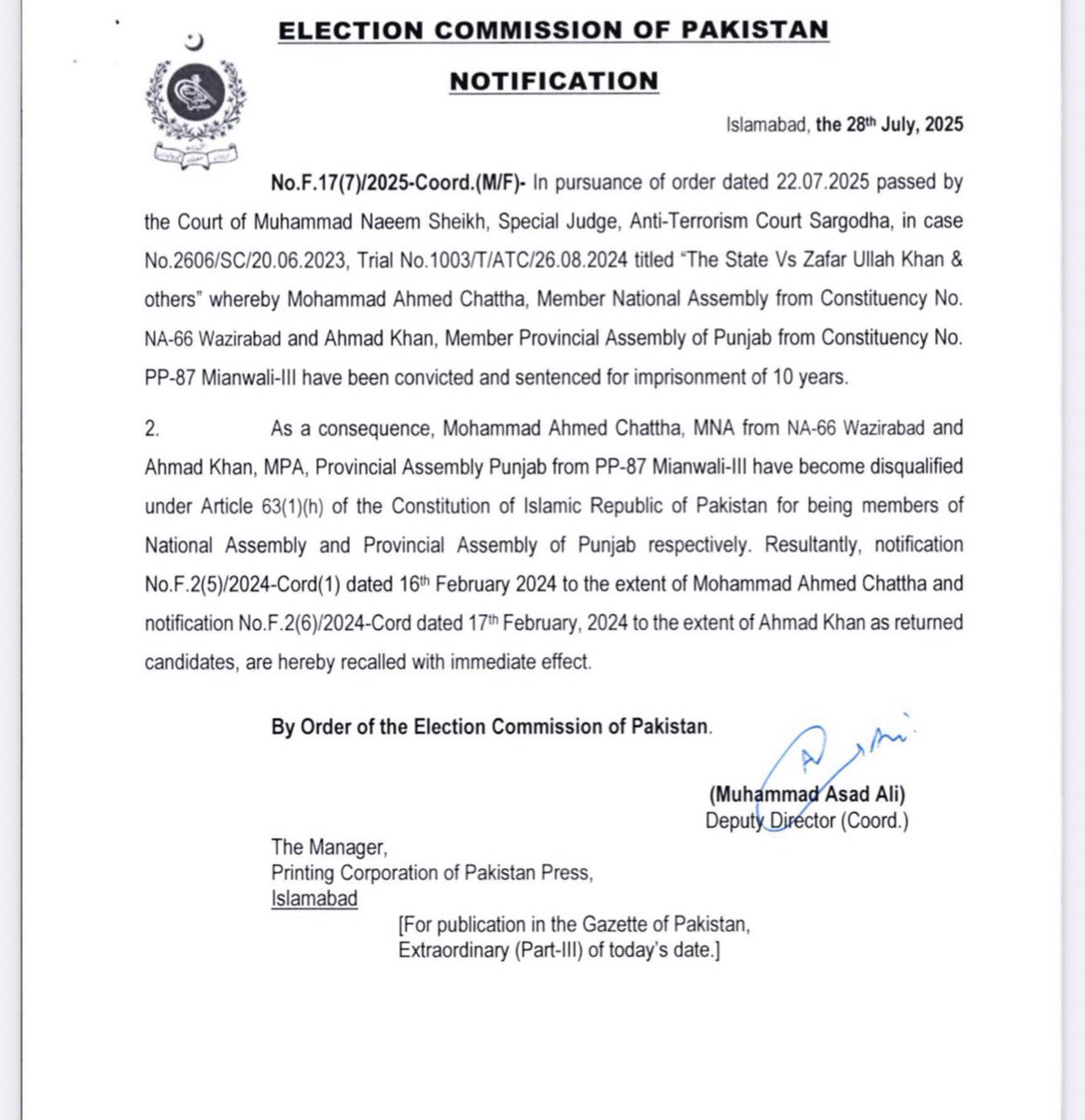 thinktank14's tweet image. ECP notifies disqualification of PTI leaders after ATC court convicted them in 9th May cases. These include 

Senator Ijaz Chaudhry, 
MNA Ahmed Chatta and 
MPA/ Punjab opposition leader Ahmed Khan Bachar

@PTIofficial