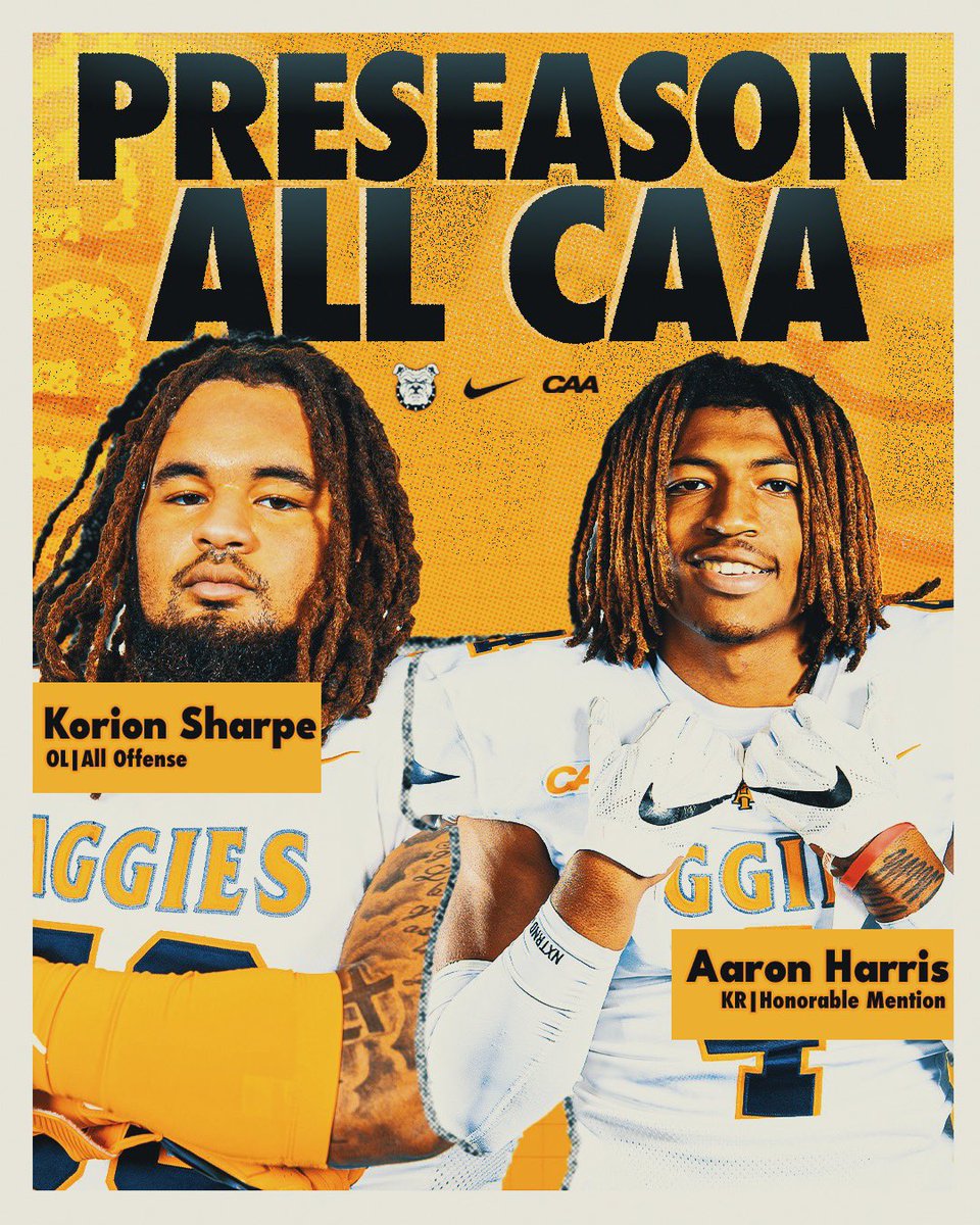 Ron Mattes (@coach_mattes) on Twitter photo Congratulations to Korion Sharpe <a href="/KorionSharpe/">Korion Sharpe</a> and Aaron Harris for being selected to the All-CAA preseason football team.
#AggiePride #PoundTheStone #BlockPsi Congratulations to Korion Sharpe <a href="/KorionSharpe/">Korion Sharpe</a> and Aaron Harris for being selected to the All-CAA preseason football team.
#AggiePride #PoundTheStone #BlockPsi