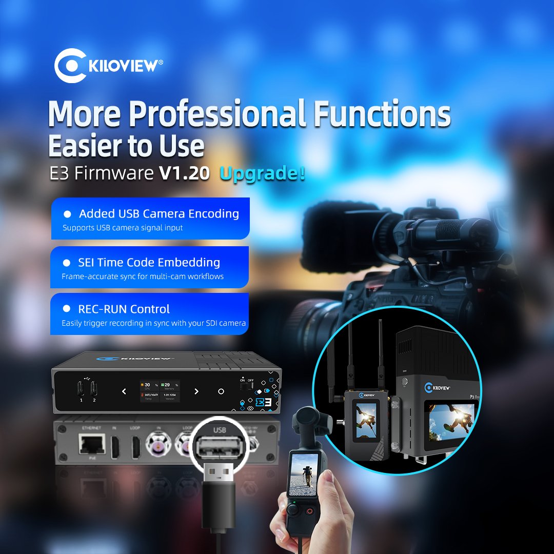 New E3 4K Encoder updates! 

✔️ Dual HDMI/3G-SDI
✔️ USB cam input
✔️ SEI timecode
✔️ REC-RUN trigger sync

Stream smarter, sync better!

Learn more: ow.ly/pVaI50WvtKy 

#StreamingGear #HEVC #VideoTech #4KEncoder #Kiloview