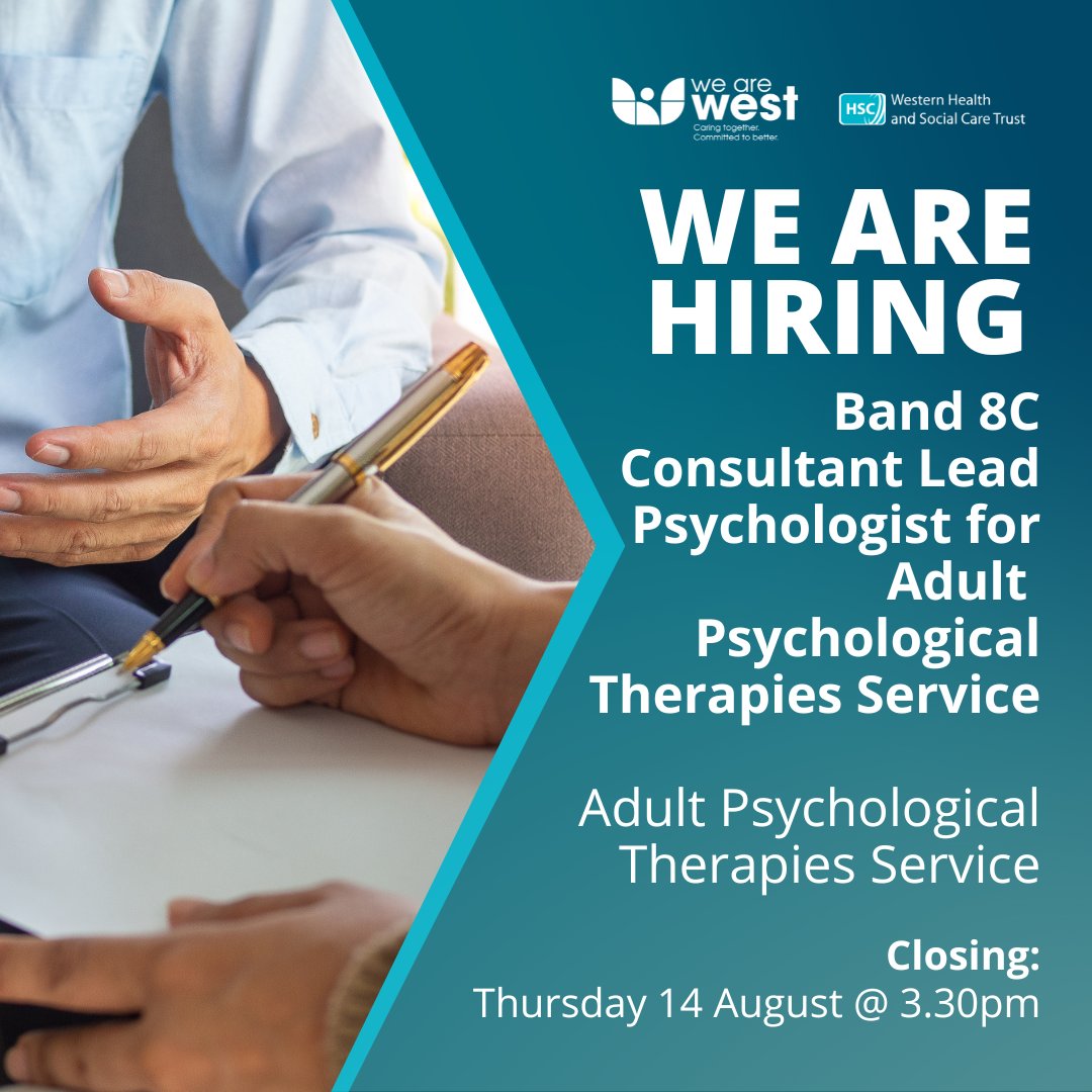 WesternHSCTrust's tweet image. We are currently hiring a Consultant Lead Psychologist for Adult Psychological Therapies Service - Band 8C.
Apply online ▶ jobs.hscni.net/job/42305
Closes: Thursday 14th August 2025 at 3:30pm