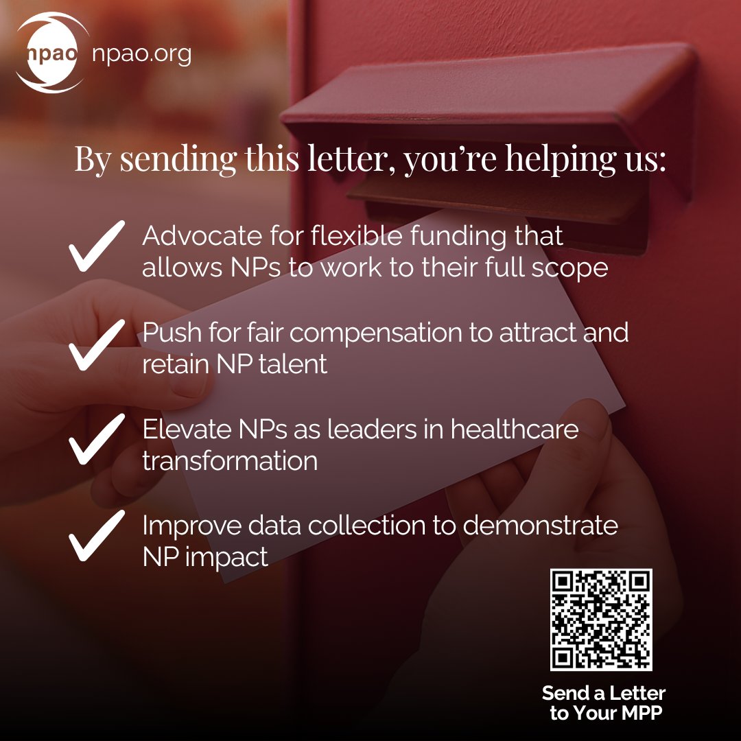 Welcome Your MPP to Queen’s Park — Let’s Strengthen Healthcare Together
📨 Send a Letter to Your MPP 👉 loom.ly/KWfZSR0  
 
Nurse Practitioners (NPs) are essential to solving Ontario’s healthcare crisis — but outdated policies and funding models are holding us back. This