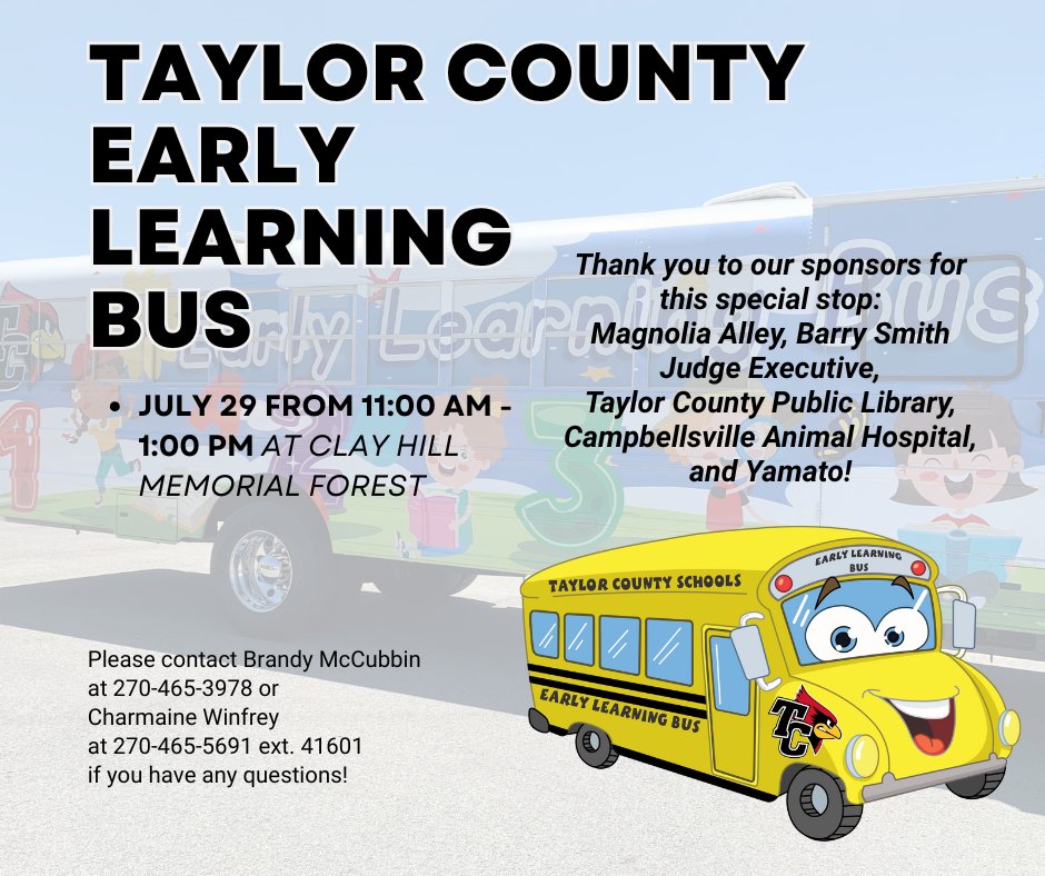 TC_Schools_KY's tweet image. 𝐑𝐄𝐌𝐈𝐍𝐃𝐄𝐑: The Early Learning Bus will be at Clay Hill Memorial Forest tomorrow, July 29, from 11:00 AM - 1:00 PM! 

#tcpride #tccares #EarlyLearningBus