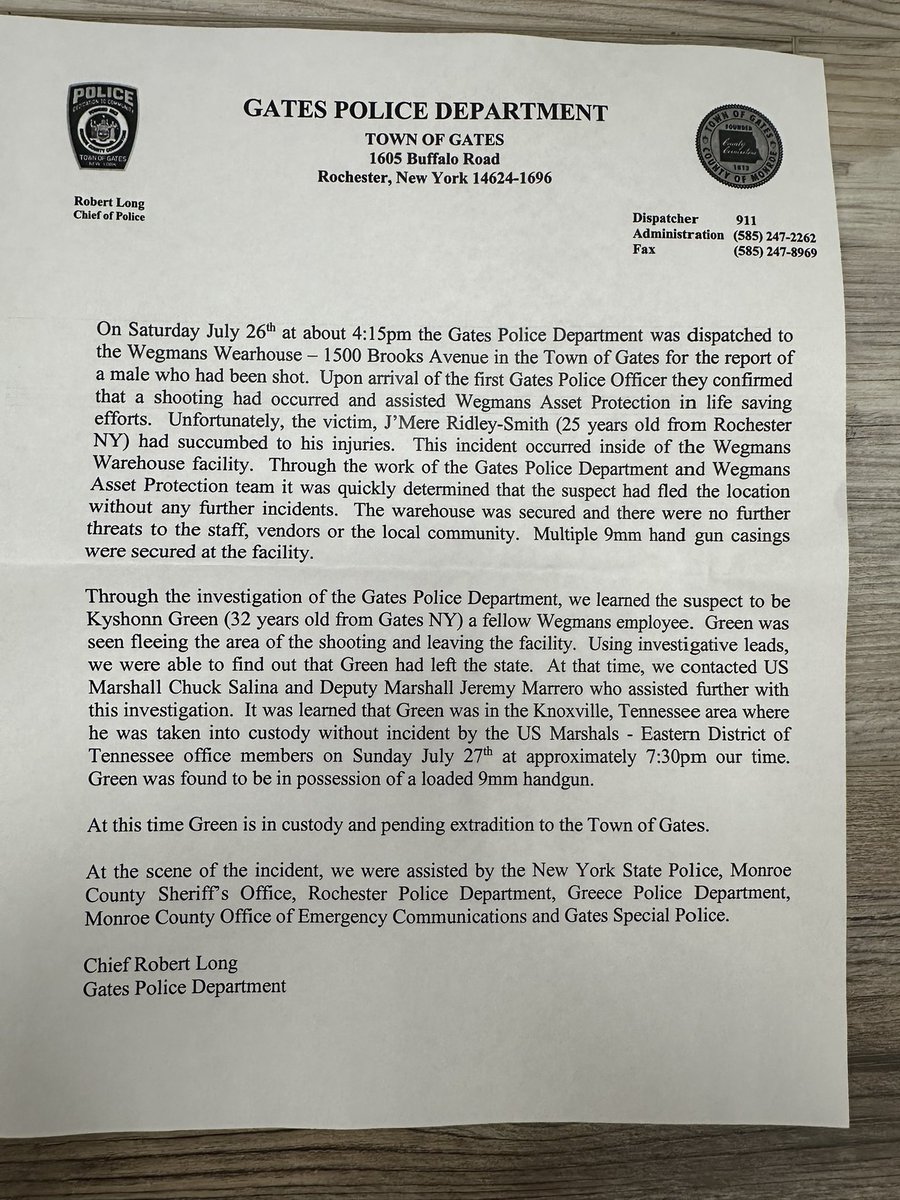 Isabel Garcia (@isabelg_wroc) on Twitter photo WATCH LIVE ⤵️ Gates Police Chief Rob Long is providing an update on the fatal warehouse shooting at the Wegmans distribution center. <a href="/News_8/">News 8 WROC</a>
Victim and suspect ID in release below: WATCH LIVE ⤵️ Gates Police Chief Rob Long is providing an update on the fatal warehouse shooting at the Wegmans distribution center. <a href="/News_8/">News 8 WROC</a>
Victim and suspect ID in release below: