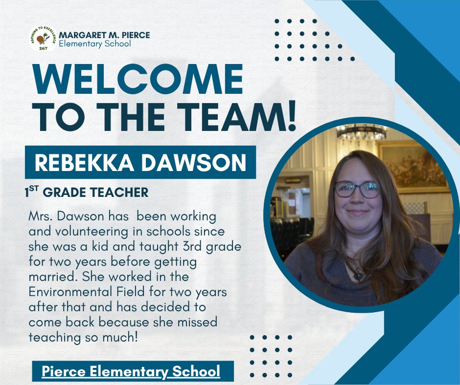 MMPTurtles's tweet photo. We want to give a big shout out to Mrs. Rebekka Dawson who is joining our 1st grade team! #PiercePride https://t.co/GhZhx6pjlo