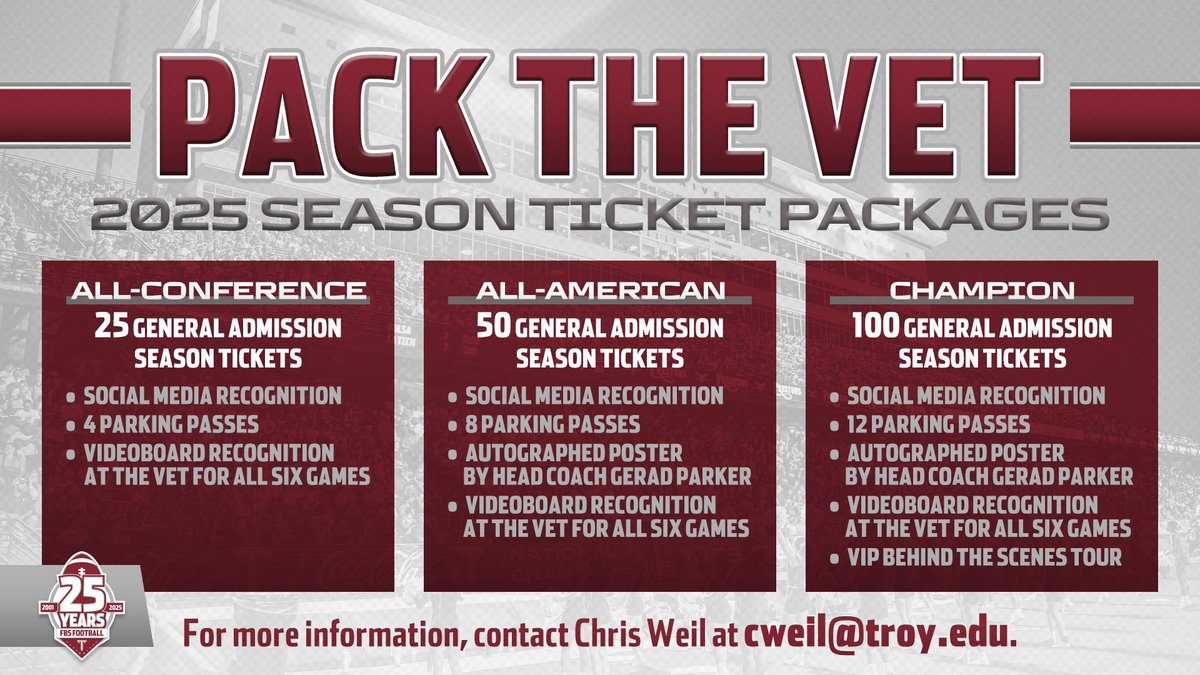 TroyAthletics's tweet image. 𝗣𝗔𝗖𝗞 𝗧𝗛𝗘 𝗩𝗘𝗧
Troy's annual "Pack the Vet" campaign returns for a fourth season in 2025!
Businesses can take advantage of three specialized ticket packages designed specifically for the "Pack The Vet" campaign.
Secure your plans today by contacting Chris Weil at…