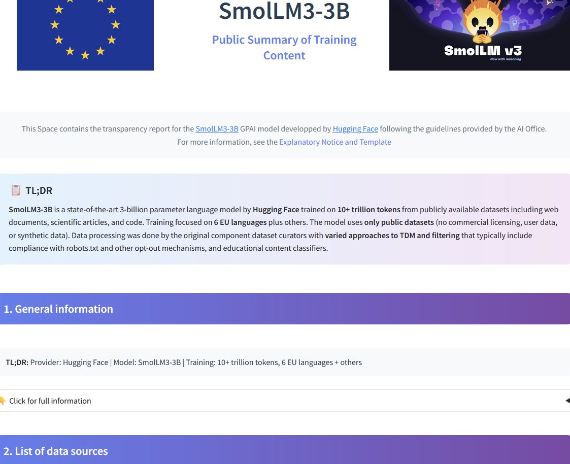 Yacine Jernite (@yjernite) on Twitter photo SmolLM3 now has an EU Summary of Public Content!!! 🇪🇺🤗
The <a href="/huggingface/">Hugging Face</a> SmolLM3 model is one of the strongest models its size while being fully open (incl. data!); it's now also (one of?) the first model to come with the AI Act-mandated summary of training content...
🧵👇1/4 SmolLM3 now has an EU Summary of Public Content!!! 🇪🇺🤗
The <a href="/huggingface/">Hugging Face</a> SmolLM3 model is one of the strongest models its size while being fully open (incl. data!); it's now also (one of?) the first model to come with the AI Act-mandated summary of training content...
🧵👇1/4