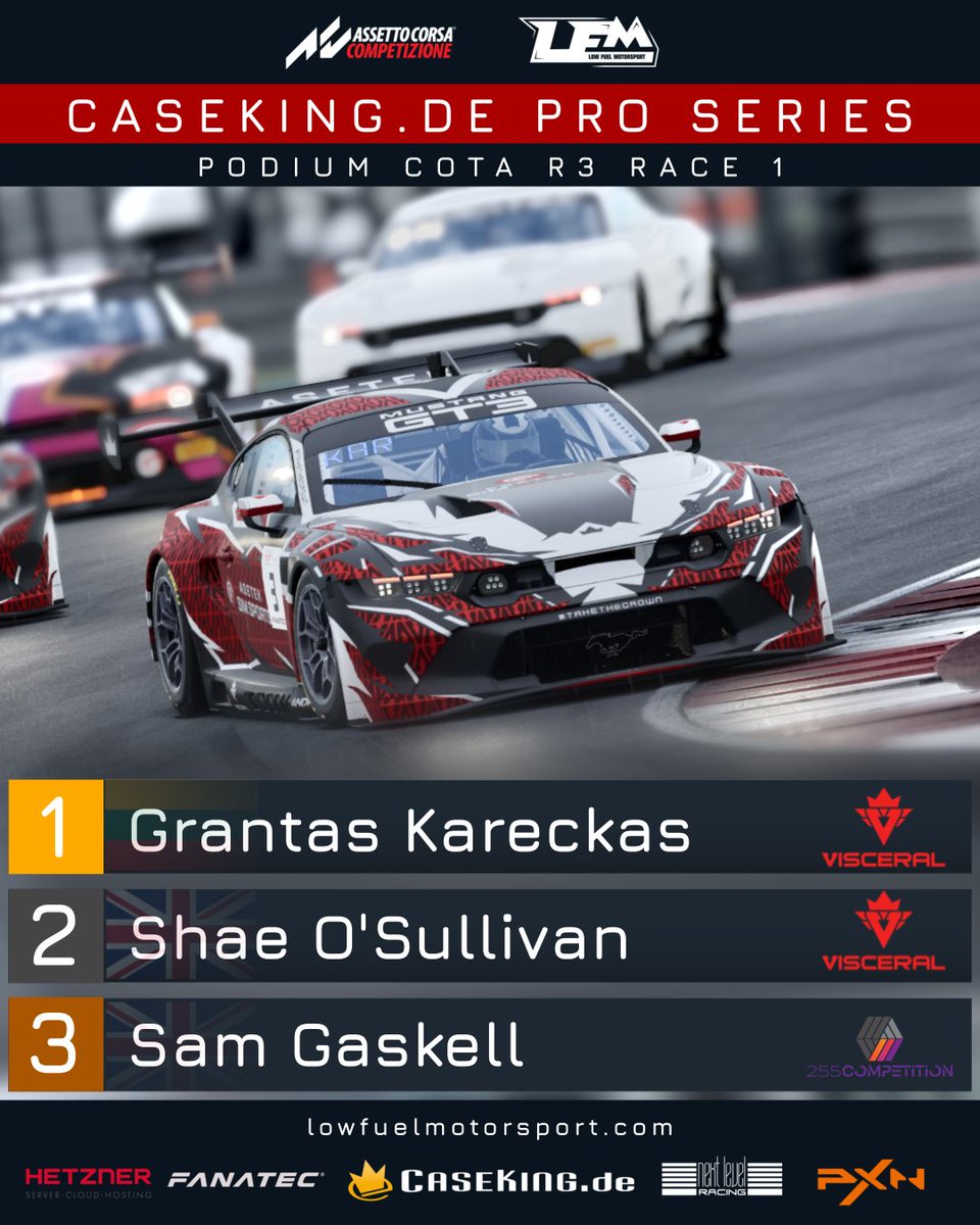 Low Fuel Motorsport (@lfmotorsport) on Twitter photo Challenging weather conditions made for an intense Round 3 of the <a href="/Caseking/">Caseking</a> Pro Series at COTA!
In the eveningβs first race, the two <a href="/VisceralEsports/">Visceral Esports</a> cars of Grantas Kareckas ( <a href="/Dark_Shade19/">Grantas Kareckas</a> )and Shae O'Sullivan ( <a href="/Shae_osullivan2/">Shae</a> ) throught home a 1-2 finish.
Sam Gaskell ( Challenging weather conditions made for an intense Round 3 of the <a href="/Caseking/">Caseking</a> Pro Series at COTA!
In the eveningβs first race, the two <a href="/VisceralEsports/">Visceral Esports</a> cars of Grantas Kareckas ( <a href="/Dark_Shade19/">Grantas Kareckas</a> )and Shae O'Sullivan ( <a href="/Shae_osullivan2/">Shae</a> ) throught home a 1-2 finish.
Sam Gaskell (