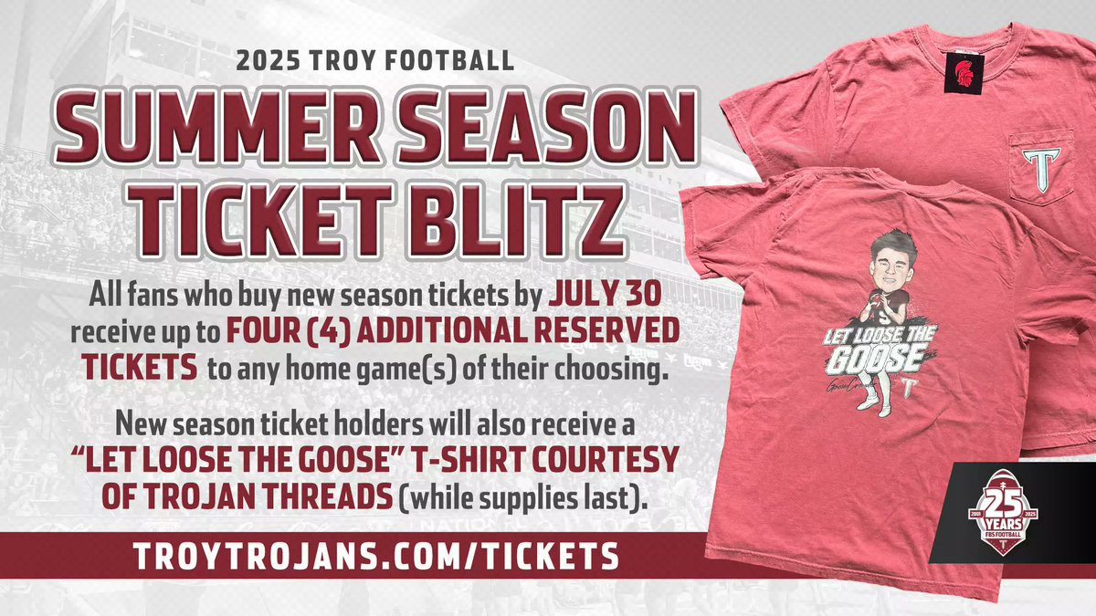 TroyAthletics's tweet image. 𝗦𝗨𝗠𝗠𝗘𝗥 𝗙𝗢𝗢𝗧𝗕𝗔𝗟𝗟 𝗦𝗘𝗔𝗦𝗢𝗡 𝗧𝗜𝗖𝗞𝗘𝗧 𝗕𝗟𝗜𝗧𝗭
Fans who purchase new season tickets during the month of July, will receive up to four additional reserved tickets to any home game of their choosing.
Additionally, new season ticket holders will receive a "Let…