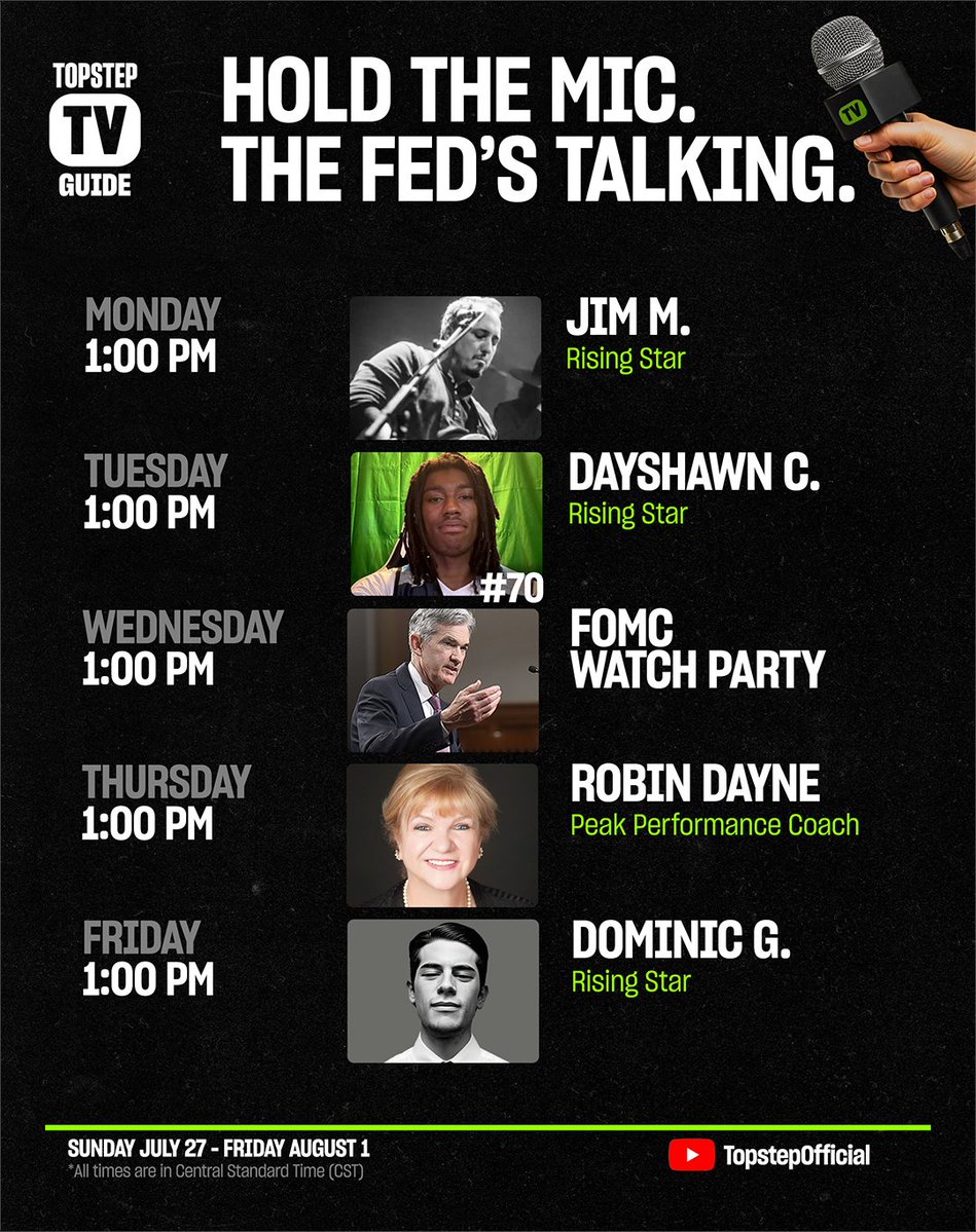 TopstepTV's tweet image. 🔥 @TopstepTV is coming in stacked for TopstepVIP Draft Week
We’re kicking things off with Rising Stars Jim M. and Dayshawn C. Then on Wednesday, it’s the main event: the Fed takes the mic during our FOMC Watch Party. 🍿 Thursday, peak performance meets peak trading with Robin…