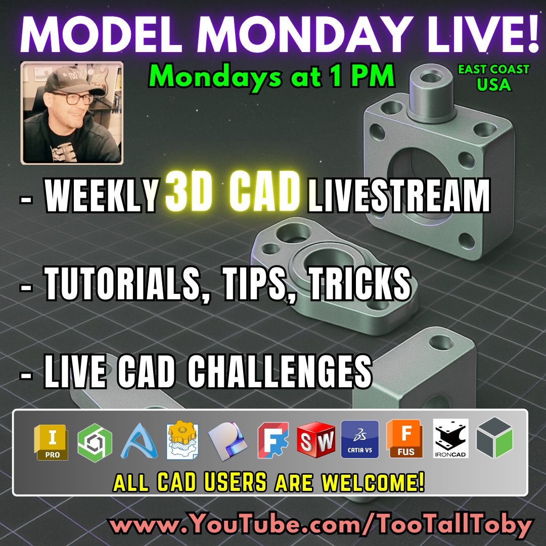 Live CAD CHALLENGES! ⏱⚡ Today at 1 PM! youtube.com/live/JrdmMzkpb…

Join CAD EXPERT TooTallToby for Season 6 of the ultimate weekly CAD livestream — featuring head-to-head 3D CAD speed modeling battles, live tutorials, and expert design tips!

#cad #competition #gamification