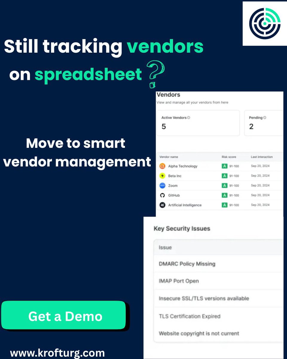Krofturg's tweet photo. Still managing vendors with spreadsheets?

There's a smarter way.

Krofturg makes vendor risk management easier: 

✅ Automated security assessments
✅ Centralized tracking
✅ No more scattered files

Visit https://t.co/x3Y97bofSn to book a Demo!
#CyberSecurity #VendorRisk https://t.co/IQi0Hh6RS8
