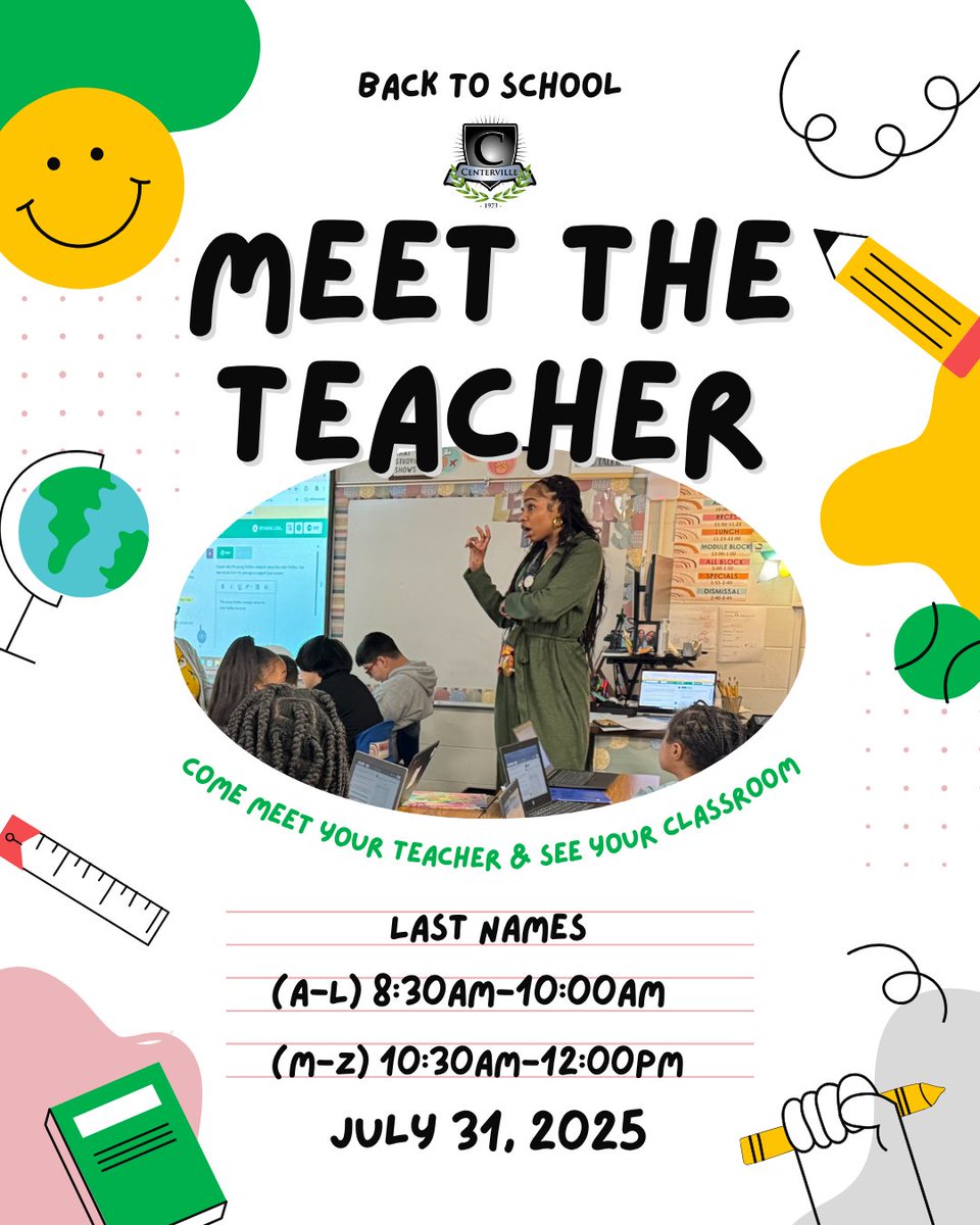 CESGenerals's tweet image. Meet the Teacher Day is Thursday, July 31st from 8:30am-10:00am for last names beginning with letters (A-L) and 10:30am-12:00pm for last names beginning with letters (M-Z).