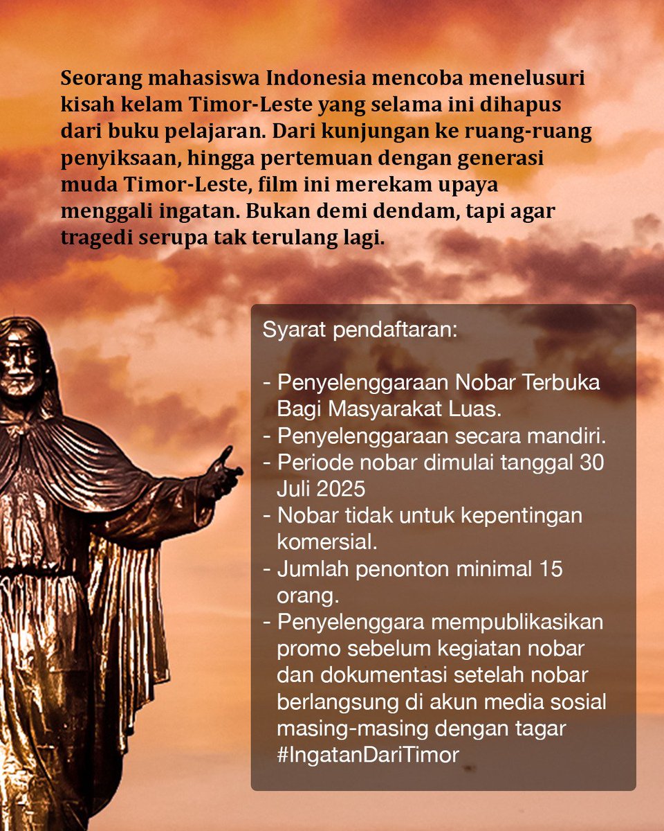 Daftar sekarang di:
bit.ly/NobarIngatanDa…

Musim Nobar Watchdoc Dimulai Lagi!
Film dokumenter terbaru kami, Ingatan dari Timor, siap kamu putar di wilayahmu.

Sinopsis:
Seorang mahasiswa Indonesia mencoba menelusuri kisah kelam Timor-Leste yang selama ini dihapus dari buku