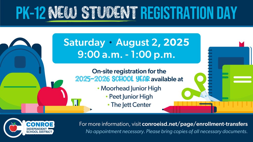 ACESCISD's tweet image. District-wide in person registration for new students is this Saturday, August 2, at three locations! Learn more about the enrollment process and how to prepare at tiny.conroeisd.net/3qDA8.
