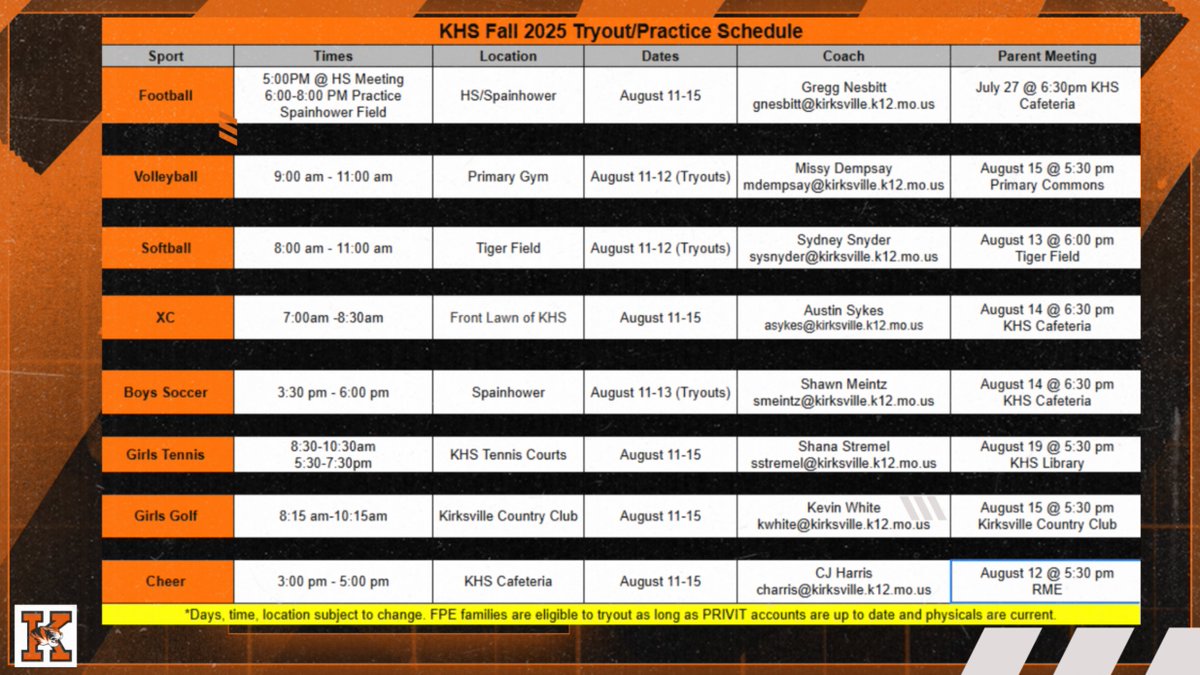 It's almost time! HS Fall practice/tryout schedule below! Reach out to the head coach with any questions! Please be sure you have a current physical and an updated PRIVIT account! #seeyousoon #gotigers
