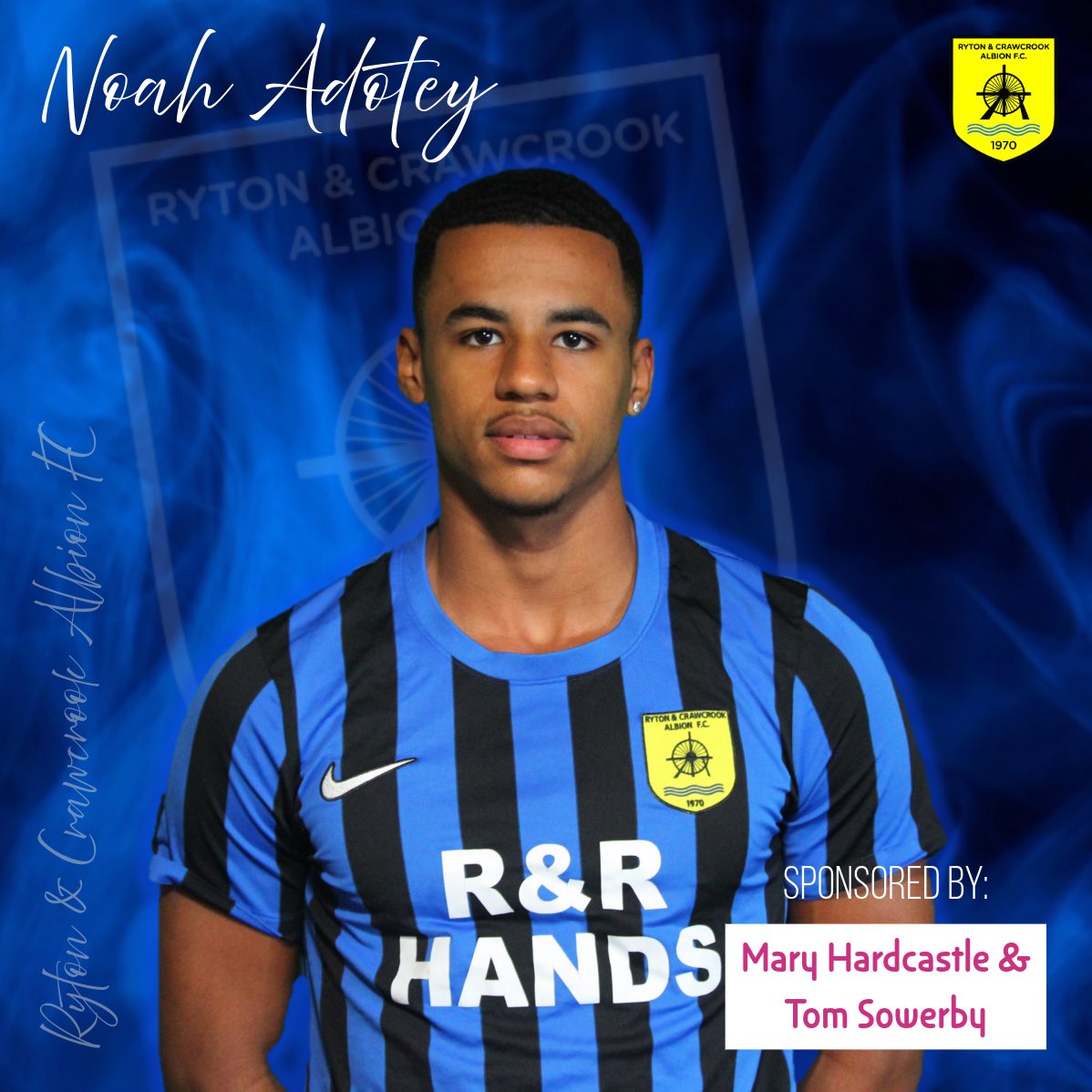 RACAFC1970's tweet image. Mary Hardcastle & Tom Sowerby have sponsored Noah Adotey for the 2025/26 season!
Thank you for your support!
#RACA🔵⚫️