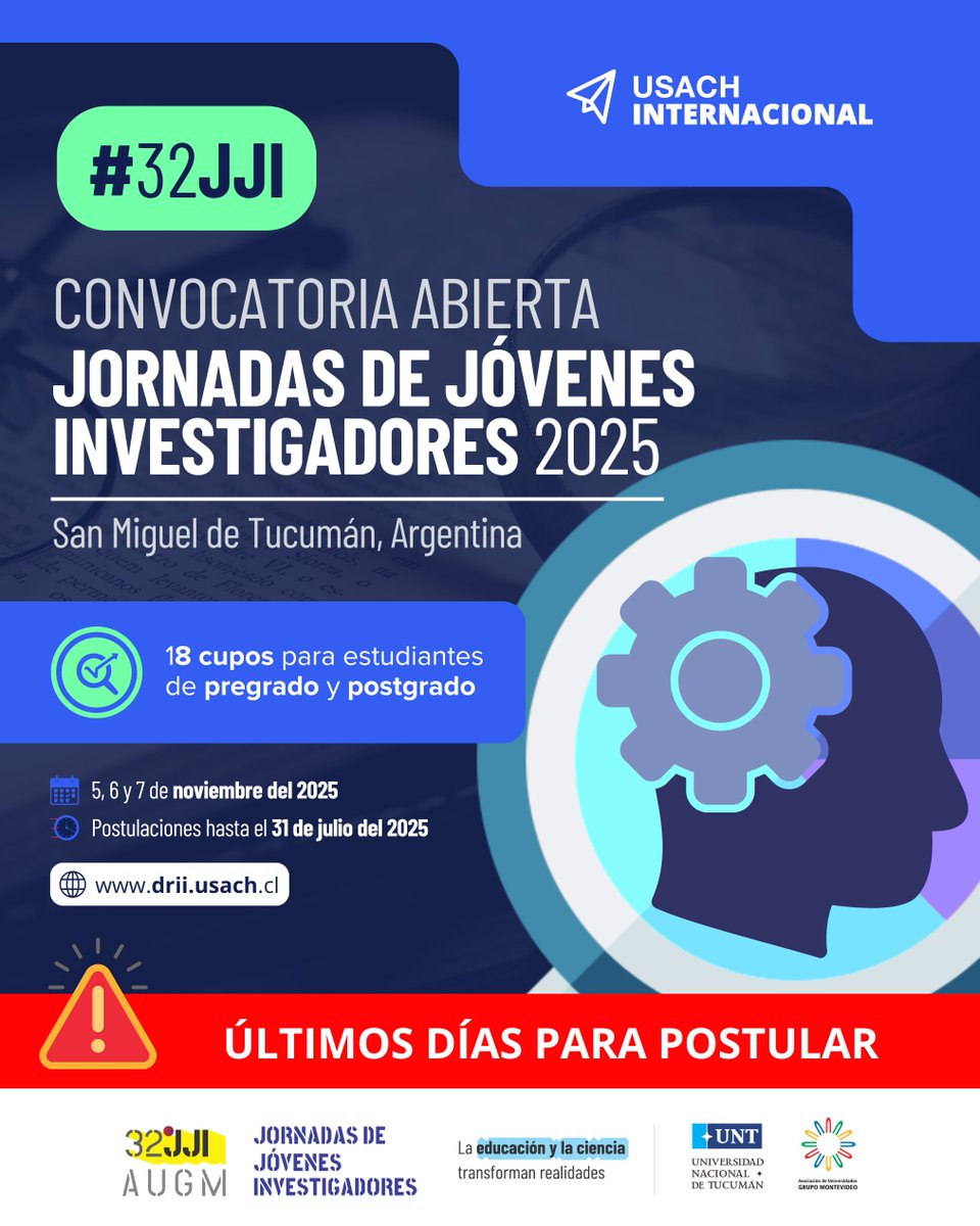 🚨 Últimos días para postular | Recordamos a nuestros estudiantes que el plazo para postular a las 32° Jornadas de Jóvenes Investigadores de #AUGM termina el próximo jueves 31 de julio del 2025. 🇦🇷

ℹ️ lnkd.in/dQn84hQV