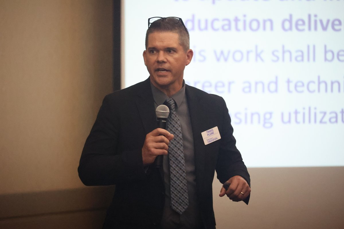MOEducation's tweet image. Travis Plume and his co-presenters discussed the Governor’s Workforce of the Future Challenge work group. They provided insight into the recommendations they are providing to @GovKehoe’s office in September. #MoEd25
