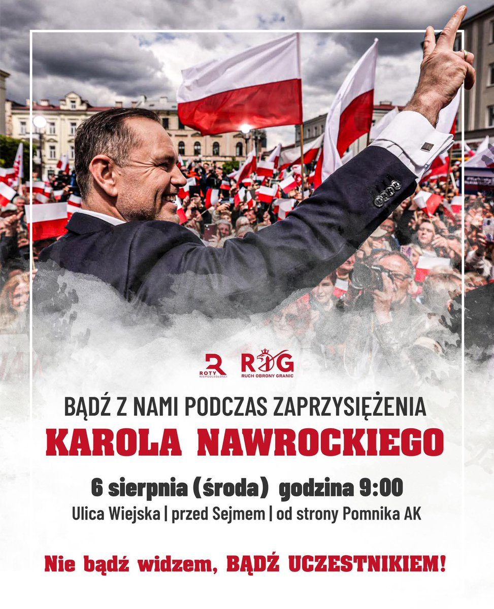 🇵🇱 Ania z Polski 🇵🇱 (@ania_z_polski) on Twitter photo 🟥 <a href="/ROGranic/">Ruch Obrony Granic</a> i <a href="/RotyMN/">Roty Marszu Niepodległości</a> zapraszają na zaprzysiężenie <a href="/NawrockiKn/">Karol Nawrocki</a>. To dzień naszego zwycięstwa, musimy być RAZEM tam – dla Karola i dla Polski! 🇵🇱
📍6 sierpnia, godz. 9:00 – pod Sejmem, Pomnik AK.
🟦 Miasteczko <a href="/ROGranic/">Ruch Obrony Granic</a> start już 4 sierpnia pod Sejmem!
💰Wesprzyj proszę 🟥 <a href="/ROGranic/">Ruch Obrony Granic</a> i <a href="/RotyMN/">Roty Marszu Niepodległości</a> zapraszają na zaprzysiężenie <a href="/NawrockiKn/">Karol Nawrocki</a>. To dzień naszego zwycięstwa, musimy być RAZEM tam – dla Karola i dla Polski! 🇵🇱
📍6 sierpnia, godz. 9:00 – pod Sejmem, Pomnik AK.
🟦 Miasteczko <a href="/ROGranic/">Ruch Obrony Granic</a> start już 4 sierpnia pod Sejmem!
💰Wesprzyj proszę