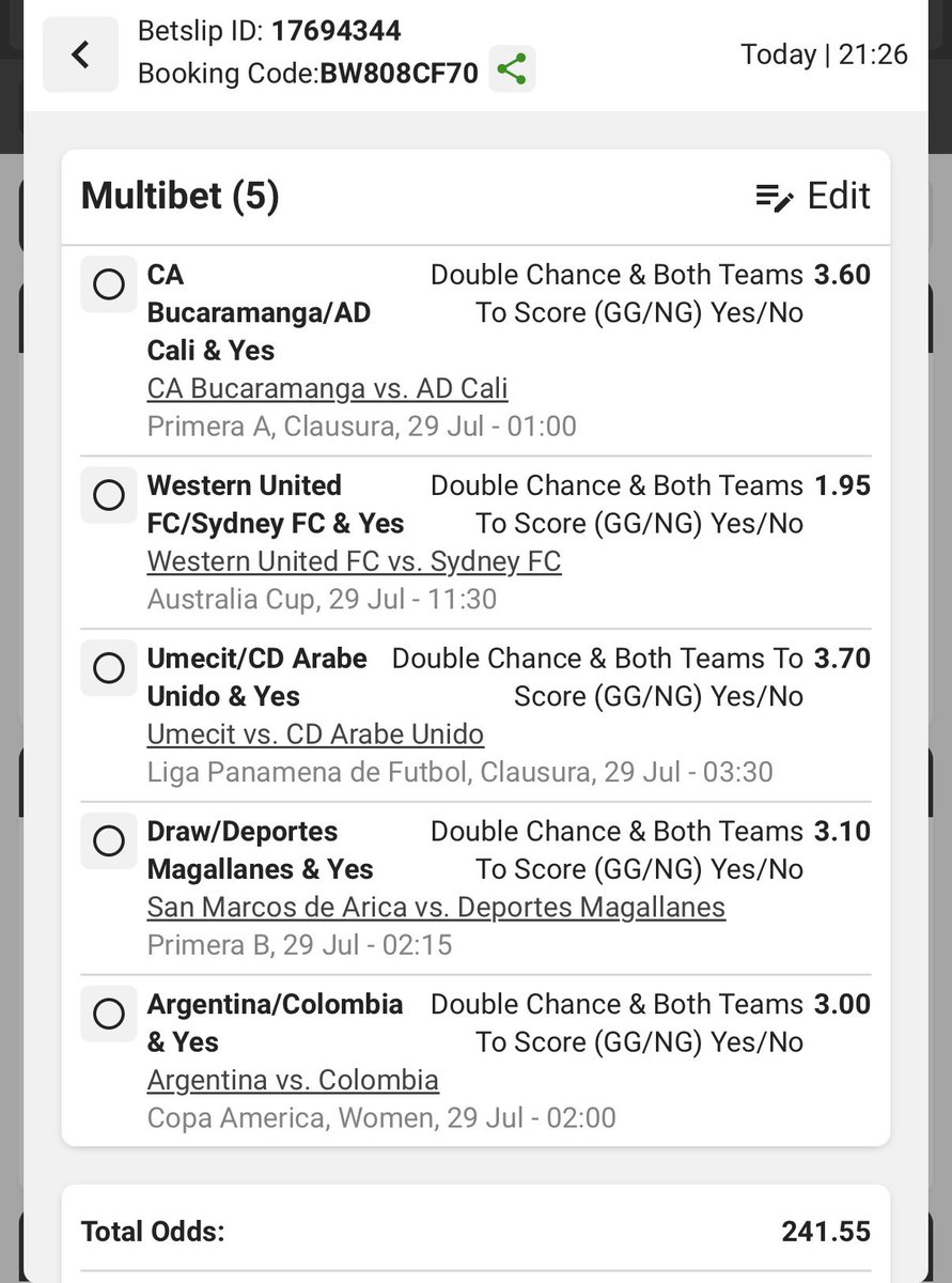 SabeloiLembe's tweet image. Midnight Snack💣💣💣

Double Chance/BTTS⚽️⚽️⚽️

Codes: BW808A638 &amp;amp; BW808CF70🚨

Odds: 214.41 &amp;amp; 241.55 odds💥