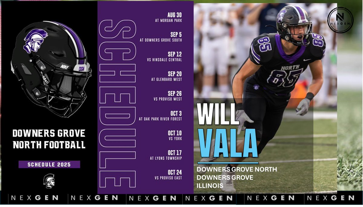 nexgenscouting's tweet image. ▶️2025 Friday Night Lights
✅2026 TE/ATH Will Vala @WillVala27
✅Downers Grove North @DGNFootball
Downers Grove (IL)
8/30 at Morgan Park
9/5 at Downers Grove South
9/12 Hinsdale Central
9/20 at Glenbard West
9/26 Proviso West
10/3 at Oak Park River Forest
10/10 York…