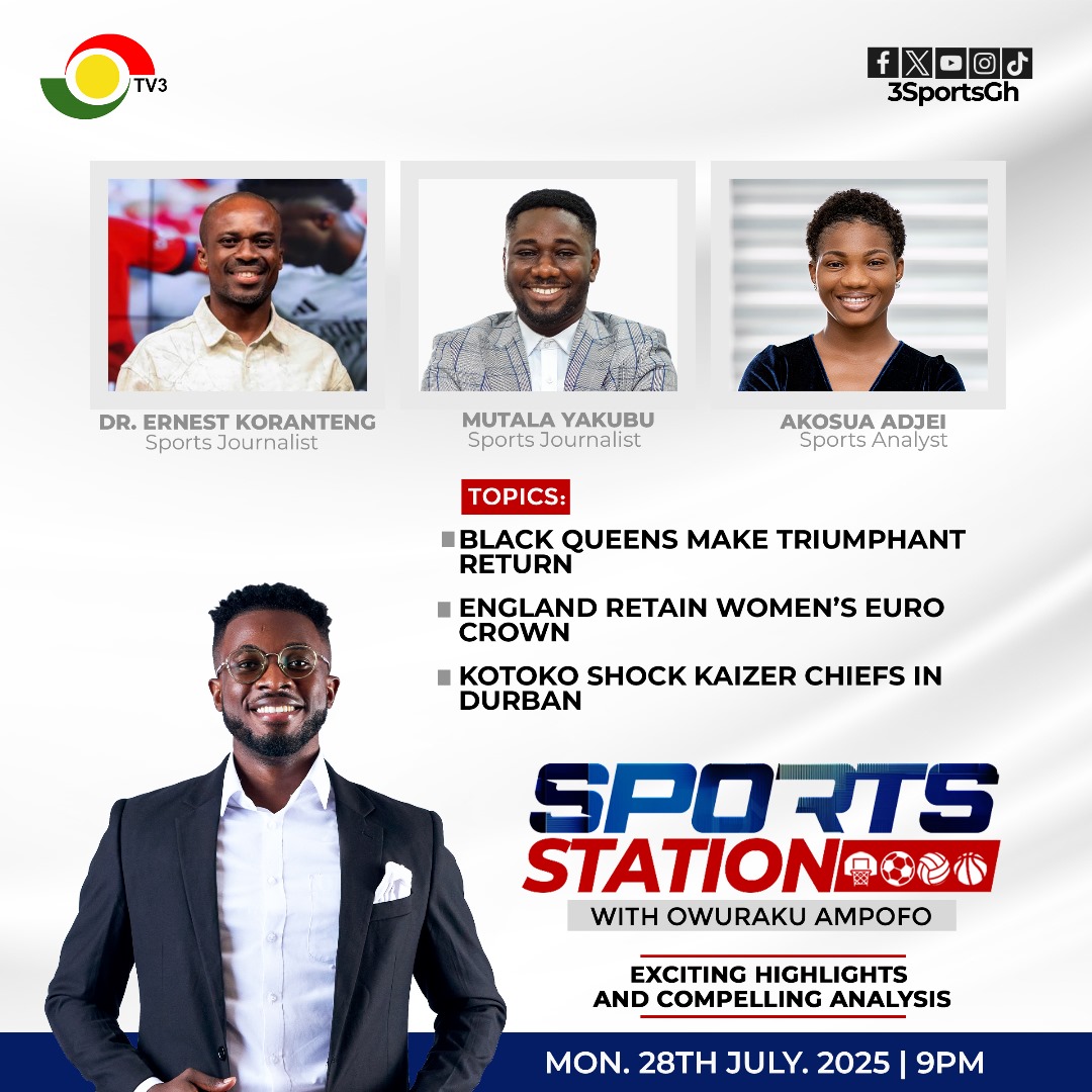 #3Sports (@3sportsgh) on Twitter photo Tonight on #SportsStation, we take a look back at the 2024 WAFCON, where Ghana finished 3rd, plus England's Women's side retained their 2025 European Cup.
Kotoko were triumphant in Durban as well in the 2025 Toyota Cup.
Join <a href="/_owurakuampofo/">Owuraku Ampofo</a>, <a href="/DrKoranteng/">Dr. Ernest Koranteng</a>, <a href="/Mutalayakubu10/">Mutala Yakubuπ¬π</a>, and Tonight on #SportsStation, we take a look back at the 2024 WAFCON, where Ghana finished 3rd, plus England's Women's side retained their 2025 European Cup.
Kotoko were triumphant in Durban as well in the 2025 Toyota Cup.
Join <a href="/_owurakuampofo/">Owuraku Ampofo</a>, <a href="/DrKoranteng/">Dr. Ernest Koranteng</a>, <a href="/Mutalayakubu10/">Mutala Yakubuπ¬π</a>, and