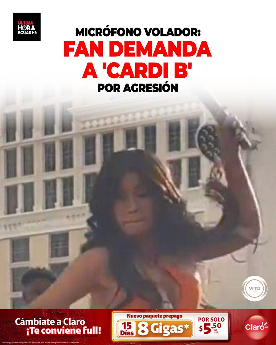 UltimaHoraEC_'s tweet image. La rapera Cardi B enfrenta una demanda civil por agresión, luego de lanzar un micrófono durante un concierto en Las Vegas en 2023.
La demandante asegura haber sufrido lesiones físicas y daño emocional tras el incidente, que se viralizó en redes sociales.