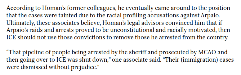 Under Obama, Homan and ICE saved immigrants arrested by former Maricopa County Sheriff Joe Arpaio.

Arpaio's office charged them with identity theft for using fake IDs to work. Homan's ICE closed their immigration cases rather than deport them.

Story: phoenixnewtimes.com/news/tom-homan…