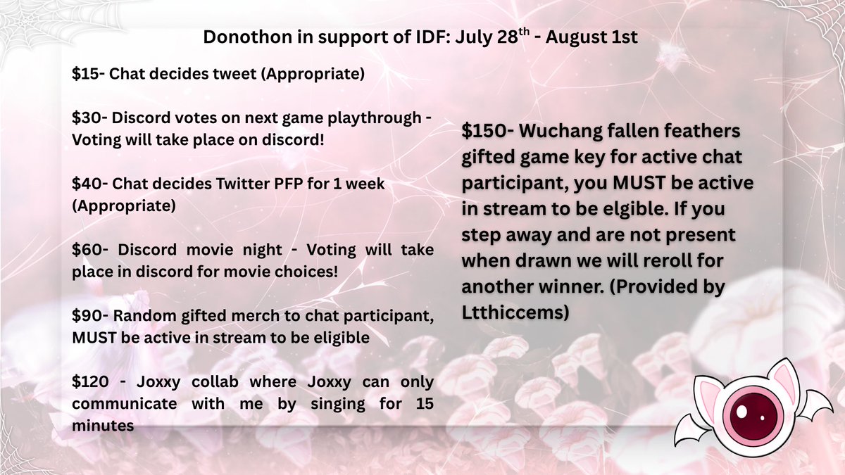 My community and I will be starting our Iron Mouse dedicated donothon in support of IDF today 🤍
Most of the announcements and communications will take place on discord/stream. I tried to make it fun for us and I have a lot of friends helping out with it  (๑´u`๑)!!💓

↻  +  ♡︎