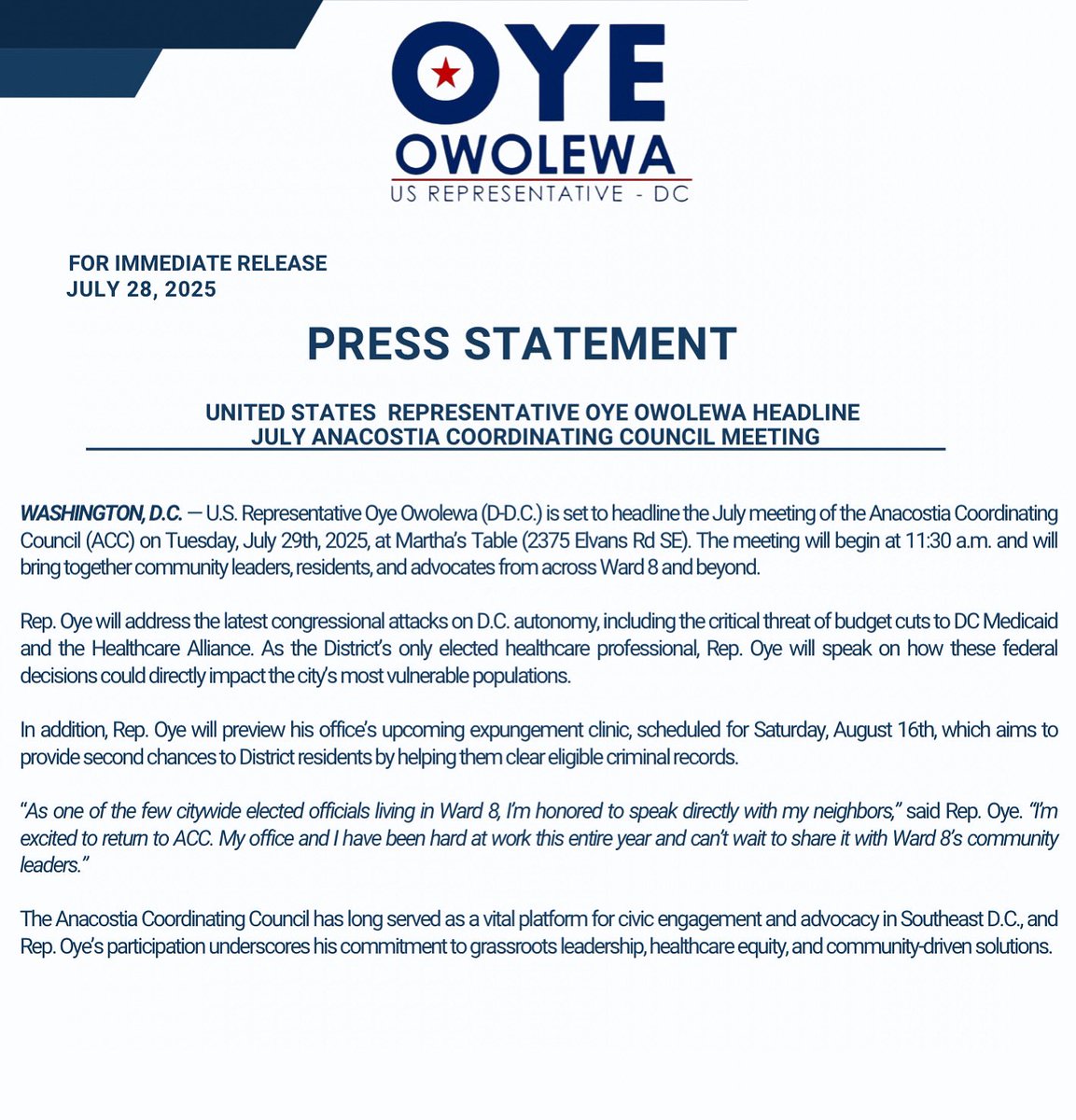 📢 Tomorrow at 11:30 AM, join me at the ACC meeting at Martha’s Table to talk D.C. budget attacks, healthcare cuts, and my upcoming expungement clinic.

📍Ward 8 — see you there!

#RepOye #Ward8 #DCStrong #ACC #HealthcareJustice #ExpungementClinic