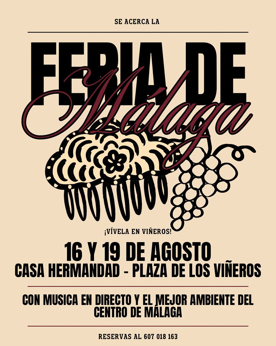 💃🏽 ¡VIVE LA 𝙁𝙀𝙍𝙄𝘼 EN VIÑEROS!

📅 Sábado 16 y martes 19 de agosto
📍 Casa Hermandad

📝 Reserva de mesas al 607 018 163
🎶 Música en directo

✅ ¡Guarda la fecha!

#CofradíasMLG