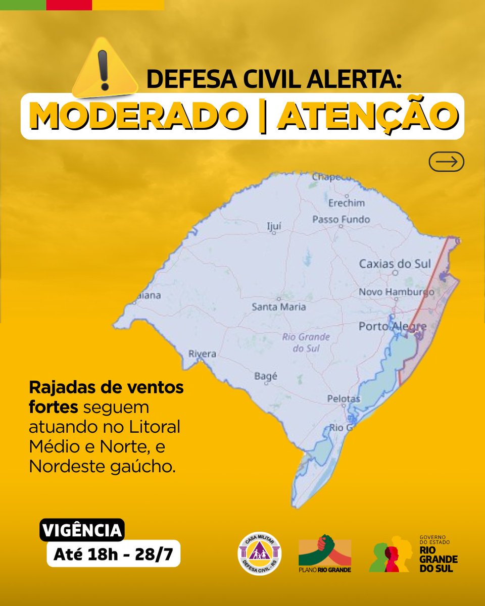 DefesaCivilRS's tweet image. Defesa Civil alerta para condição ATENÇÃO para rajadas de ventos fortes que seguem atuando no Litoral Médio e Norte e Nordeste gaúcho. Risco MODERADO de queda de árvores e energia. Válido até 18h do dia 28 de julho. Evite áreas de risco. Emergência ligue 190/193.