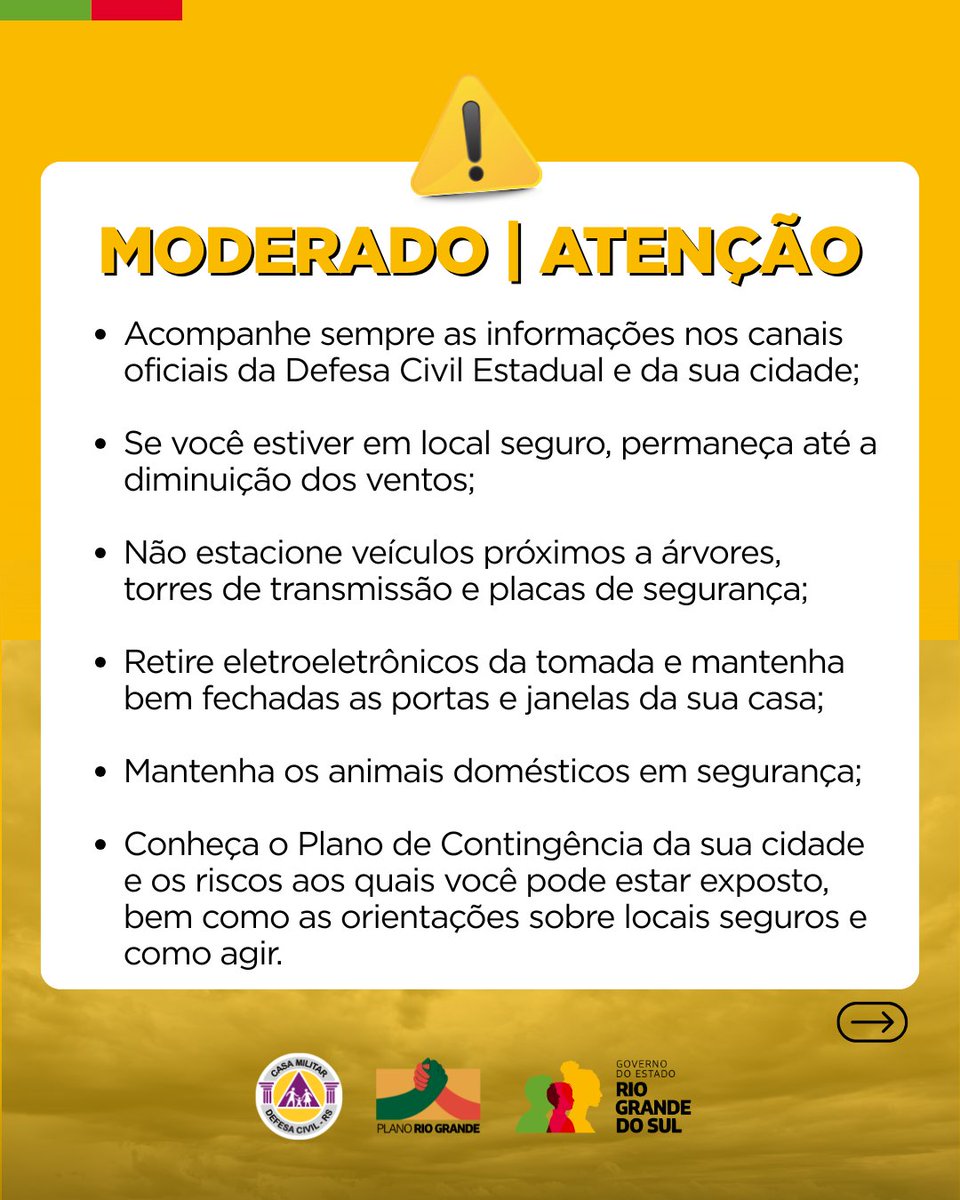 DefesaCivilRS's tweet image. Defesa Civil alerta para condição ATENÇÃO para rajadas de ventos fortes que seguem atuando no Litoral Médio e Norte e Nordeste gaúcho. Risco MODERADO de queda de árvores e energia. Válido até 18h do dia 28 de julho. Evite áreas de risco. Emergência ligue 190/193.